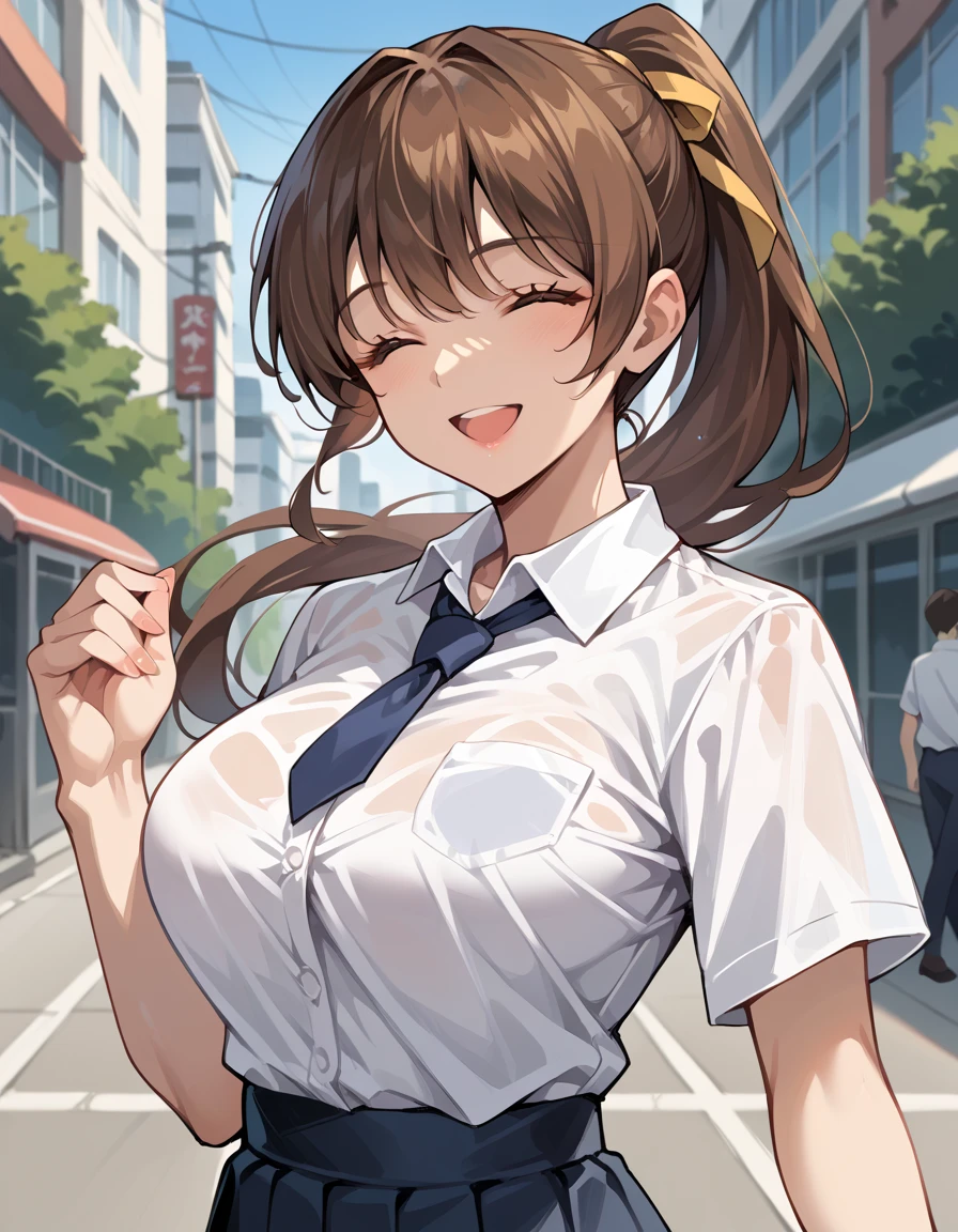 score_9, score_8_up, score_7_up, score_6_up, source_anime, BREAK masterpiece, (masterpiece, best quality), 25歳,, solo,doakasumi,ponytail,long hair,dark brown hair,brown eyes,(large breasts0.6),,smile,closed eyes,looking at viewer,((schooll uniform)),(white shirt:1.4),navy tie,open mouth,face focus,at city,holding hands