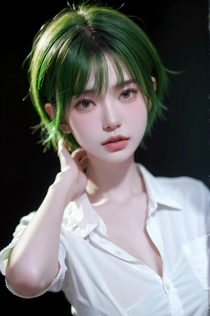 HDR, UHD,8K, face High Quality, nokiapretty, Thin shirt , (((black background 8k))),  short hair, greenhair