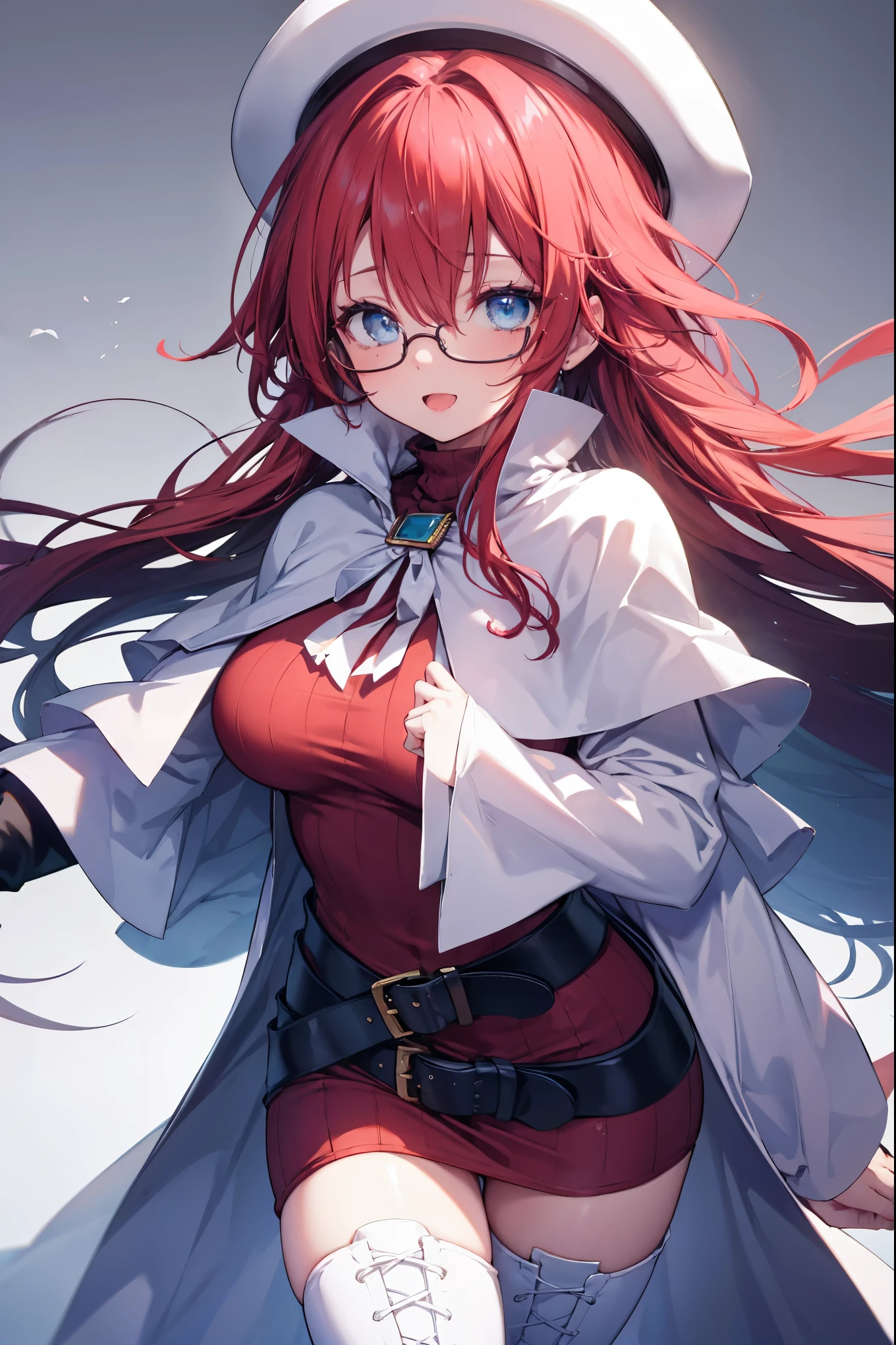 masterpiece, best quality, integrated scenery, integrated background, extremely delicate and beautiful, meticulous details, good composition, cute face, perfect face, perfect hands, best quality, summonnightaty, aty, (young:1.3),long hair, blue eyes, red hair, large_breasts, hat, glasses,
BREAK long hair, thighhighs, dress,  glasses, belt, cape, sweater, zettai ryouiki, beret, thigh boots, white footwear, ribbed sweater, loose belt,solo,
BREAK  fantasy,
,Highquality_hads,perfect_fingers,
BREAK (masterpiece:1.2), best quality, high resolution, unity 8k wallpaper, (illustration:0.8), (beautiful detailed eyes:1.6), extremely detailed face, perfect lighting, extremely detailed CG, (perfect hands, perfect anatomy),(covered_nipples:0.7),(covered_navel:0.7) ,half_eyes,sleepy_eyes,red_sweater,apart_knees,spread_legs,rise_knee,Smile,rise_hand,open_arms,bluesky_landscape,(plump:0.6),open_mouth, dynamic_angle,solo,walking, slouch,half_eyes, head_wind,side_view