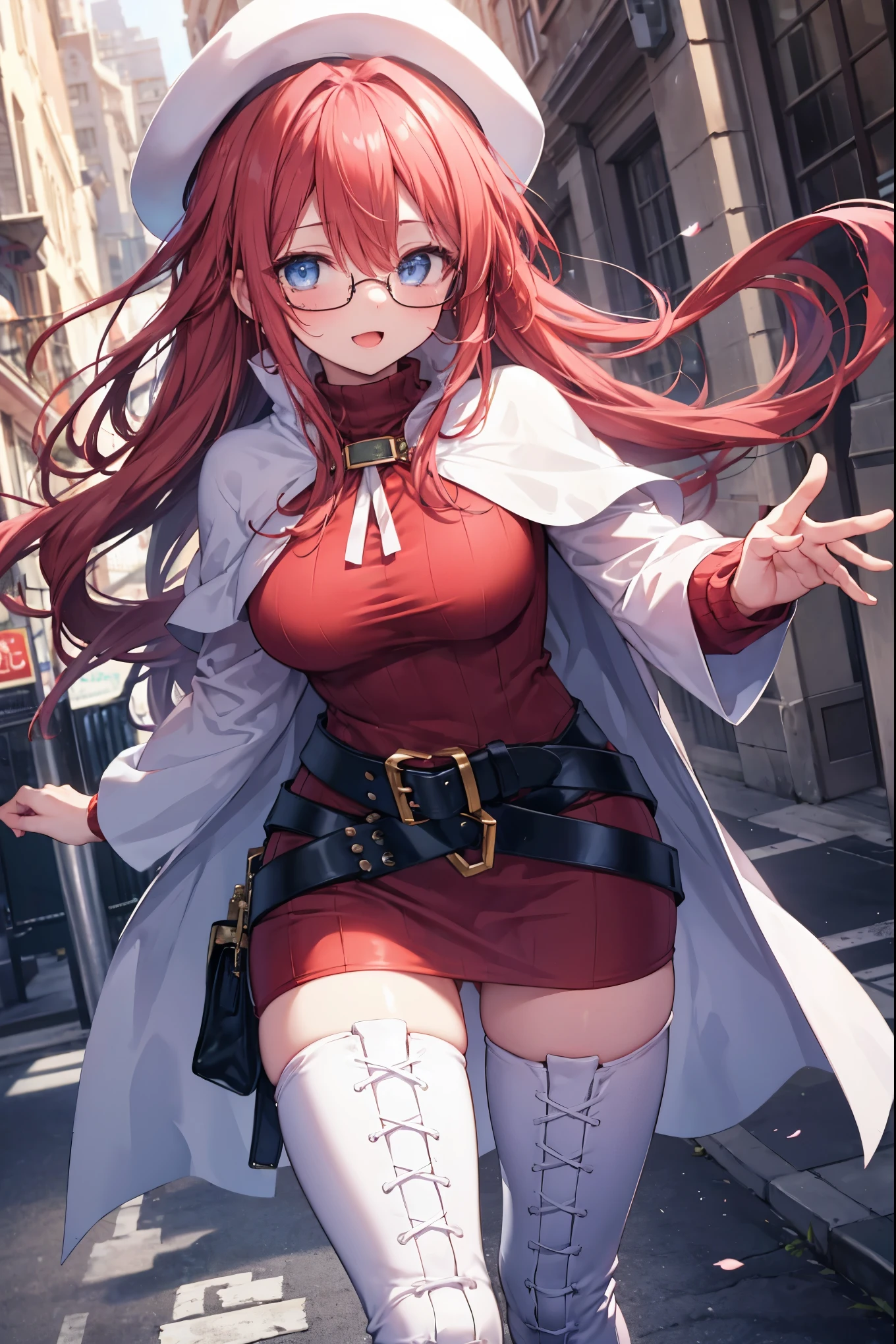 masterpiece, best quality, integrated scenery, integrated background, extremely delicate and beautiful, meticulous details, good composition, cute face, perfect face, perfect hands, best quality, summonnightaty, aty, (young:1.3),long hair, blue eyes, red hair, large_breasts, hat, glasses,
BREAK long hair, thighhighs, dress,  glasses, belt, cape, sweater, zettai ryouiki, beret, thigh boots, white footwear, ribbed sweater, loose belt,solo,
BREAK  fantasy,
,Highquality_hads,perfect_fingers,
BREAK (masterpiece:1.2), best quality, high resolution, unity 8k wallpaper, (illustration:0.8), (beautiful detailed eyes:1.6), extremely detailed face, perfect lighting, extremely detailed CG, (perfect hands, perfect anatomy),(covered_nipples:0.7),(covered_navel:0.7) ,half_eyes,sleepy_eyes,red_sweater,apart_knees,spread_legs,rise_knee,Smile,rise_hand,open_arms,bluesky_landscape,(plump:0.6),open_mouth, dynamic_angle,solo,walking, slouch,half_eyes, head_wind,side_view