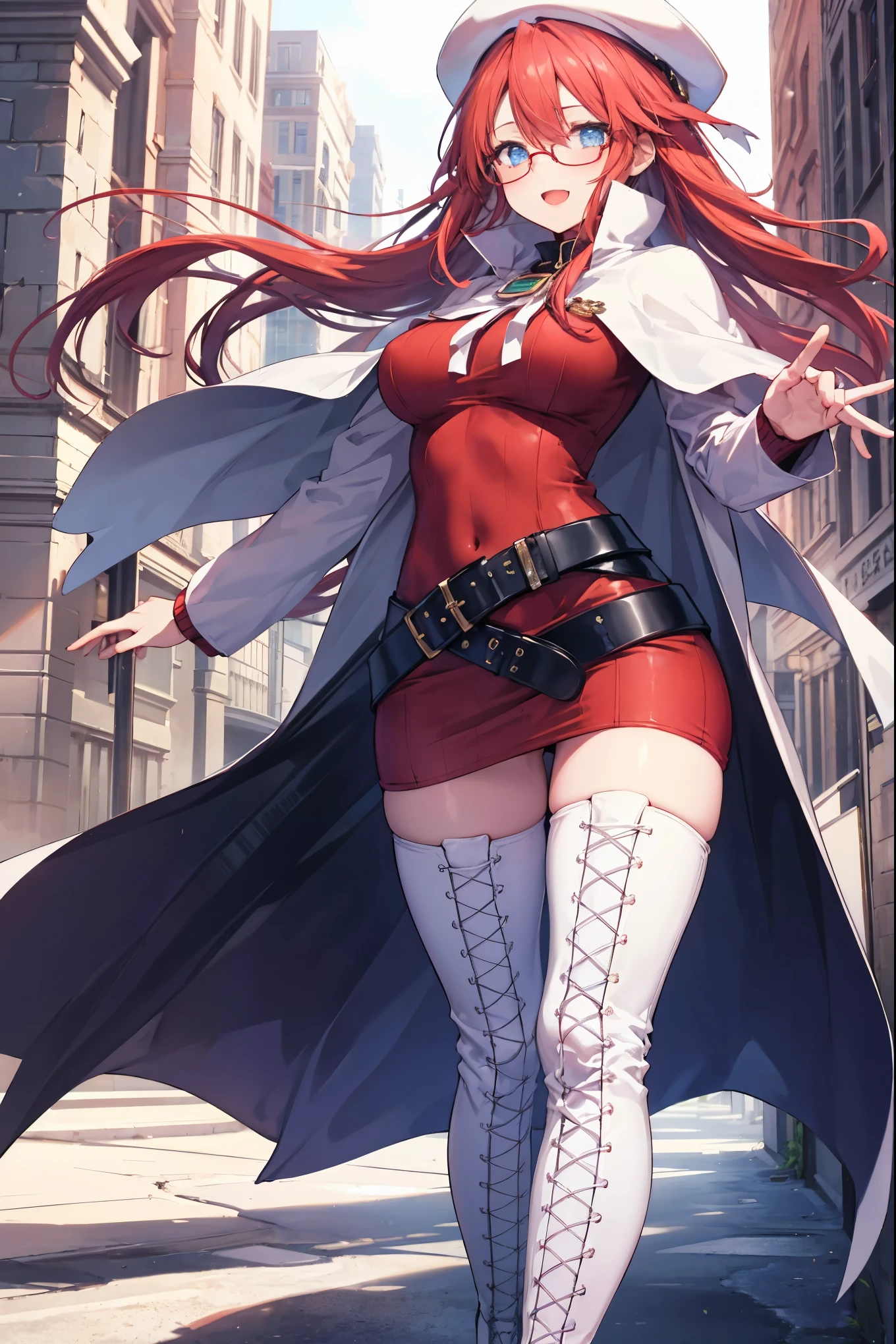 masterpiece, best quality, integrated scenery, integrated background, extremely delicate and beautiful, meticulous details, good composition, cute face, perfect face, perfect hands, best quality, summonnightaty, aty, (young:1.3),long hair, blue eyes, red hair, large_breasts, hat, glasses,
BREAK long hair, thighhighs, dress,  glasses, belt, cape, sweater, zettai ryouiki, beret, thigh boots, white footwear, ribbed sweater, loose belt,solo,
BREAK  fantasy,
,Highquality_hads,perfect_fingers,
BREAK (masterpiece:1.2), best quality, high resolution, unity 8k wallpaper, (illustration:0.8), (beautiful detailed eyes:1.6), extremely detailed face, perfect lighting, extremely detailed CG, (perfect hands, perfect anatomy),(covered_nipples:0.7),(covered_navel:0.7) ,half_eyes,sleepy_eyes,red_sweater,apart_knees,spread_legs,rise_knee,Smile,rise_hand,open_arms,bluesky_landscape,(plump:0.6),open_mouth, dynamic_angle,solo,walking, slouch,half_eyes, head_wind,side_view