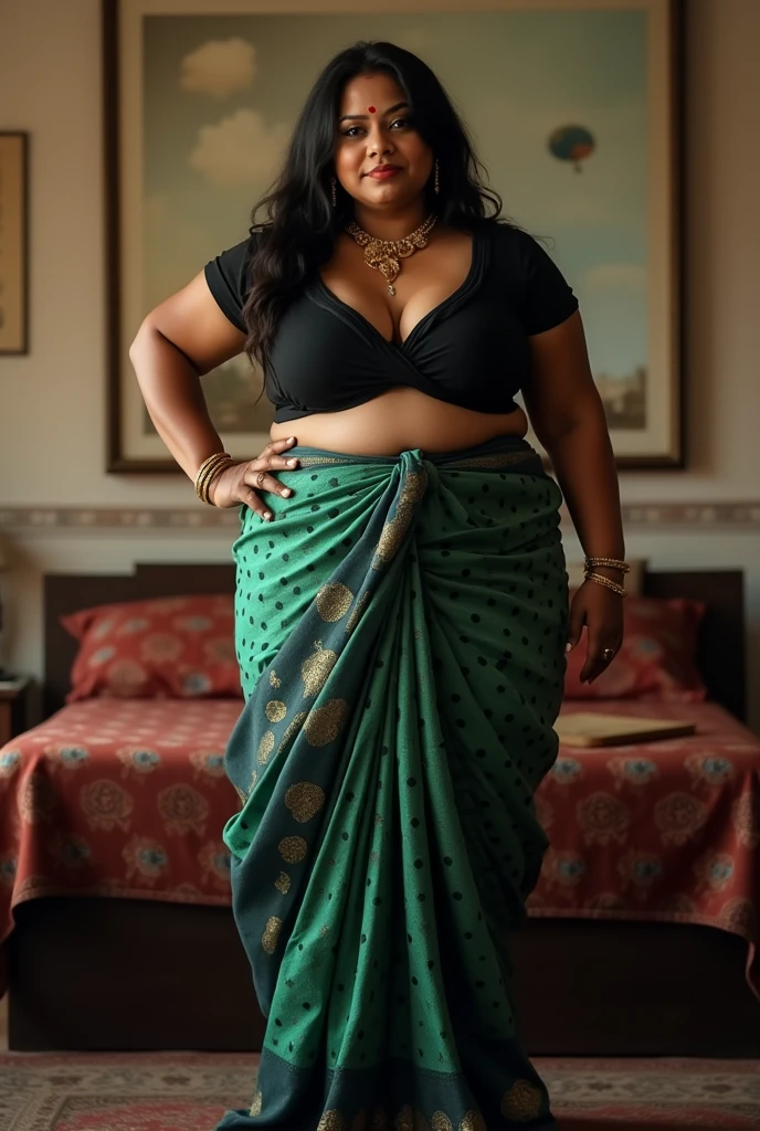 A indian plus size sexy aunty wearing dark green blouse and dark green skirt , she has big wide belly and fat legs