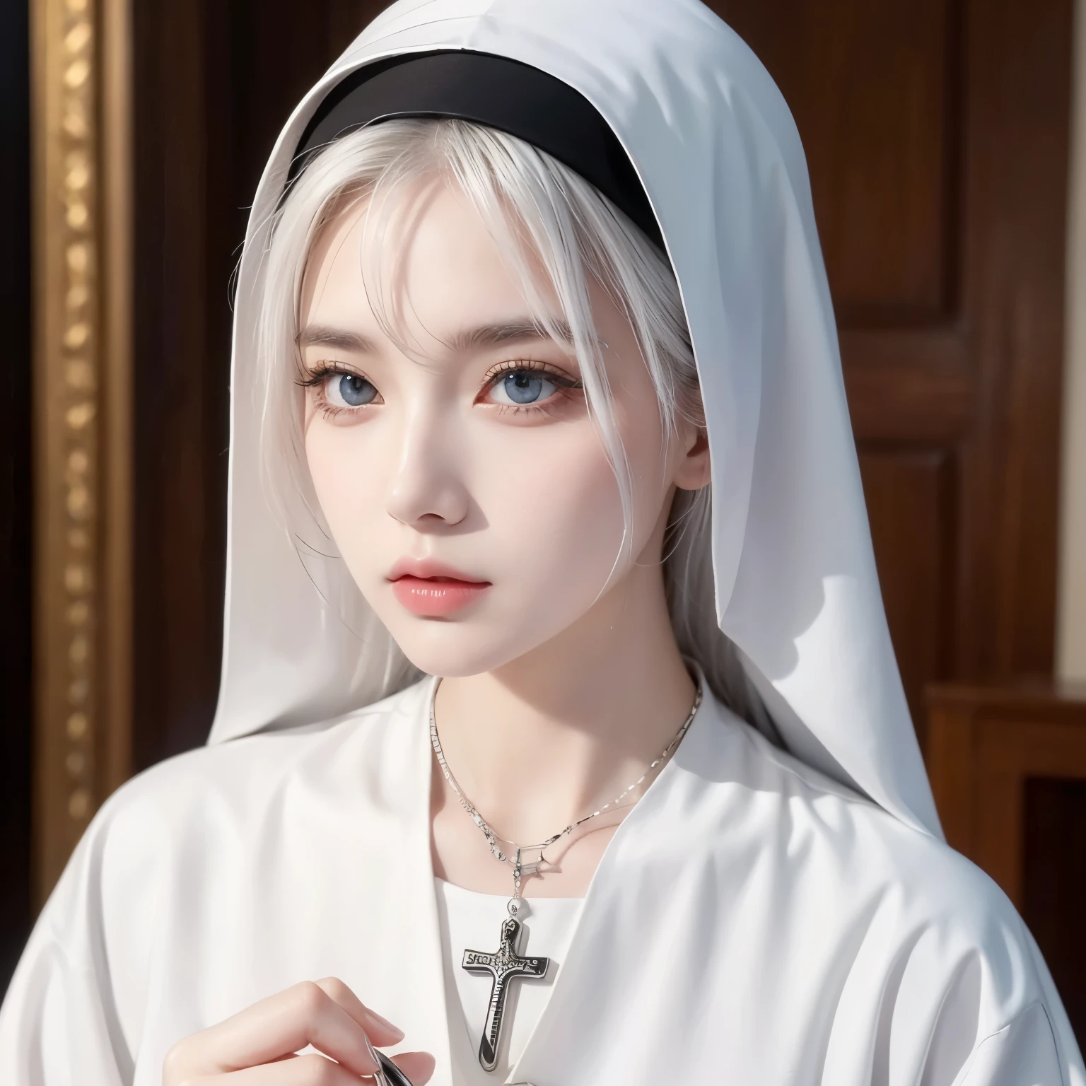 nun, fork, Bible, White hair, church, Realistic and detailed eyes， facial close-up ，Cross Necklace