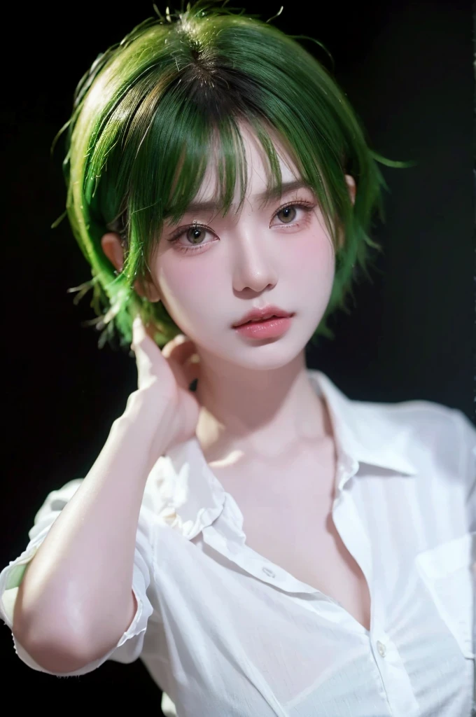 HDR, UHD,8K, face High Quality, nokiapretty, Thin shirt , (((black background 8k))),  short hair, greenhair