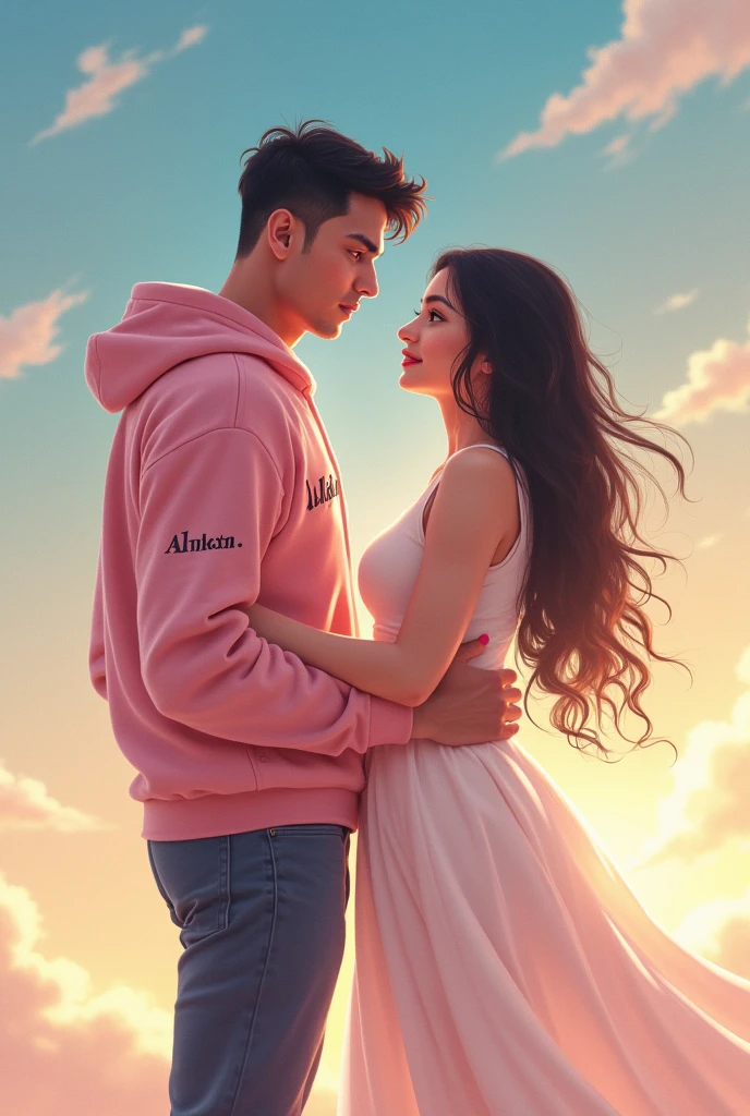 Realistic Pakistani 23-year-old Handsome boy ,Black Hoodie with a 22-year beautiful girl in a Black Hoodie, the girl has a red rose flower in her hand, and the boy holding a multi-colorful umbrella in his hand, written in "Afreed" in the boy's hoodie, and "Jiya" in girl hoodie, in outdoor Park with white Background Doves Flying, Beautiful lonely picture, pretty girl, So happy picture, profile pic, Rainbow Behind, 3d illustration, hyperrealistic, Look straight 