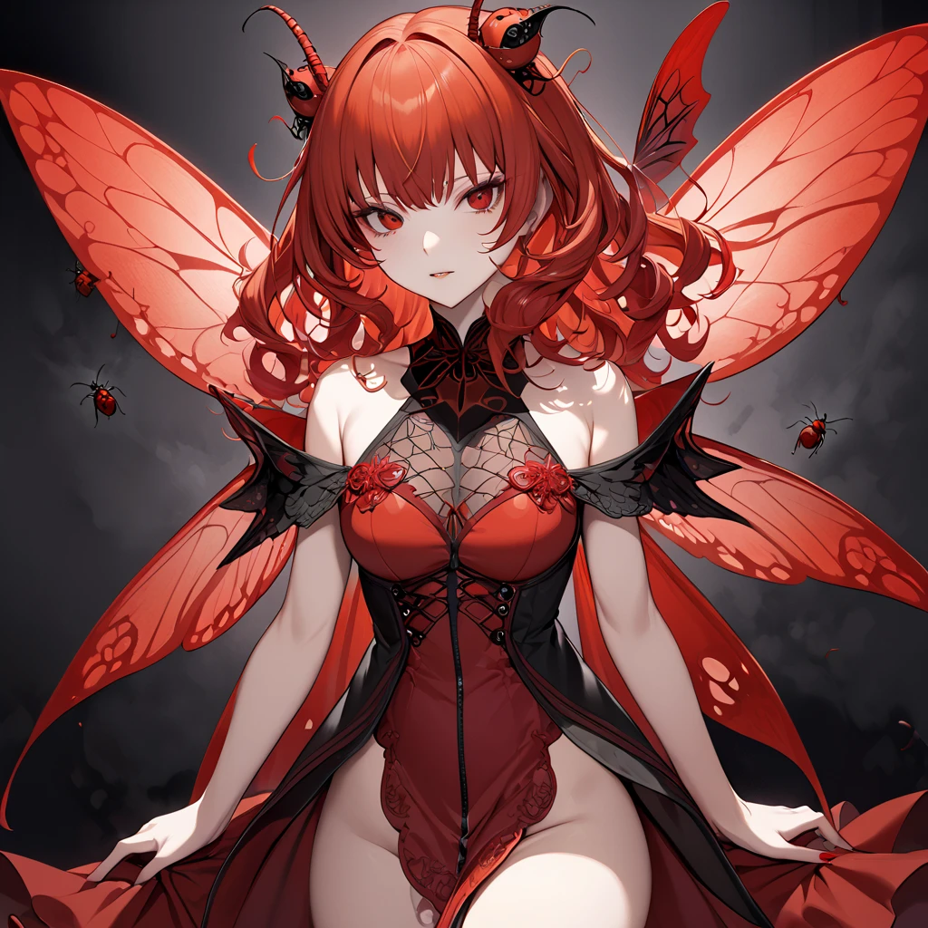 Masterpiece, best quality, 1girl, dark fairy, busty, small waist, large hips, large cleavage, red hair, yellow eyes, saddle, large dark fairy wings, demanding look, dark clothes, cave, sitting on a throne