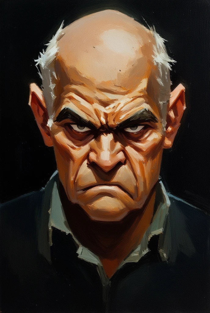 close-up oil painting portrait rendered in a loose, impressionistic style with thick, expressive brush strokes. It depicts a grumpy old man frowning and furrowing his eyebrows. the background is black, and he is covered in darkness.