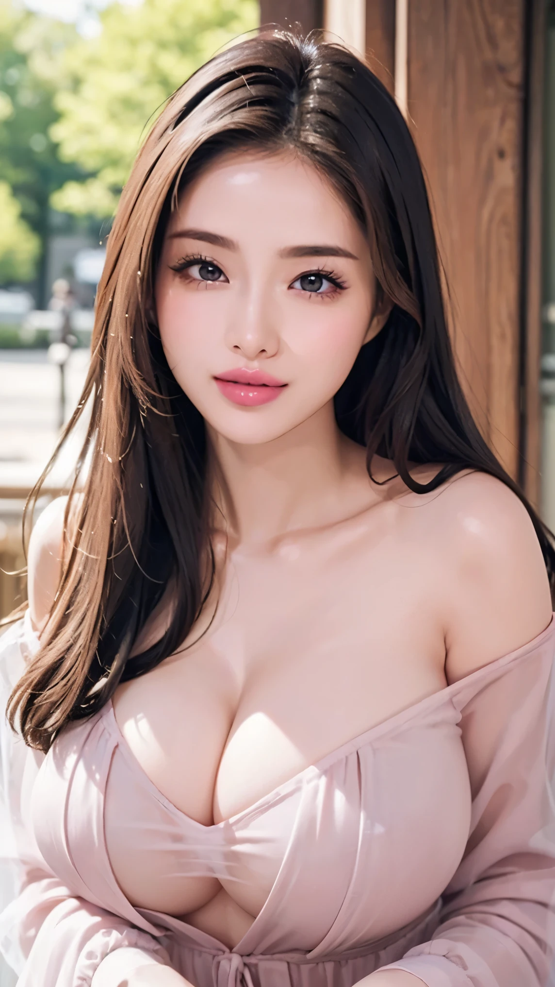 (8k,  RAW photo,  best quality, masterpiece: 1.2)、 super quality、Sexy Fashion Girl、Full body photography、((Big Breasts:1.4))、(( straight hair:1.6))、 Exposing Outfits 、lace fabric、 transparent、 off-shoulder 、 deep v-neck、 bold cleavage:1.6、 miniskirt、 cute smile with blush、 Yasaraka landscape 、 bright light、Unusual Light、 Very detailed、 natural colored lips、 lip gloss、Heavy Eye Makeup、 has long eyelashes、( Sexy Poses :1.2)、(Gorgeous design:1.2)、( Blurry Background 、 Movie Lighting、professional photographer)