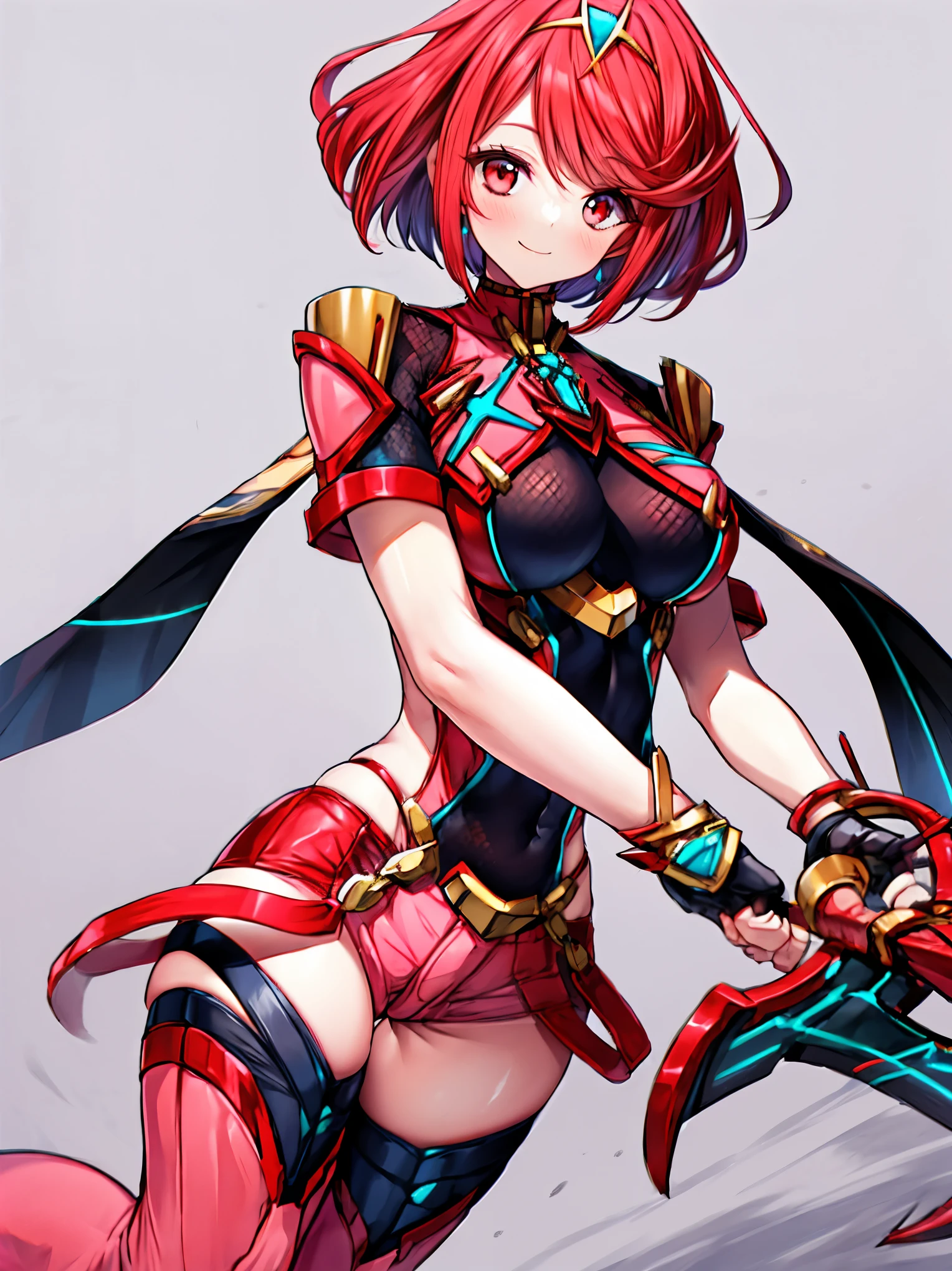 pyra \(xenoblade\), teen_1girl, , bangs, black gloves, breasts, red eyes, shout, earrings, eyelashes, fingerless gloves, floating hair, , gem, gloves, hair ornament, headpiece, jewelry, big_breasts, leaning back, swimsuit, neon trim, official art, pose, red hair, saitou masatsugu, short_ponytail, sidelocks, skin tight, solo, swept bangs, thighhighs, tiara, fantasy_town_background, underbust, xenoblade chronicles \(series\), (xenoblade chronicles 2), (spread_legs:1.1), fire_effect,fighting,light_smile, big_ass,huge_sword, hold_large_sword_hilt, covered_nipples, covered_pussy, fists,beautiful_fingers,(solo:1.1), bare_shoulder,(shoulder_naked:1.2), (very_short_shorts:1.3),(lise_leg:1.4)