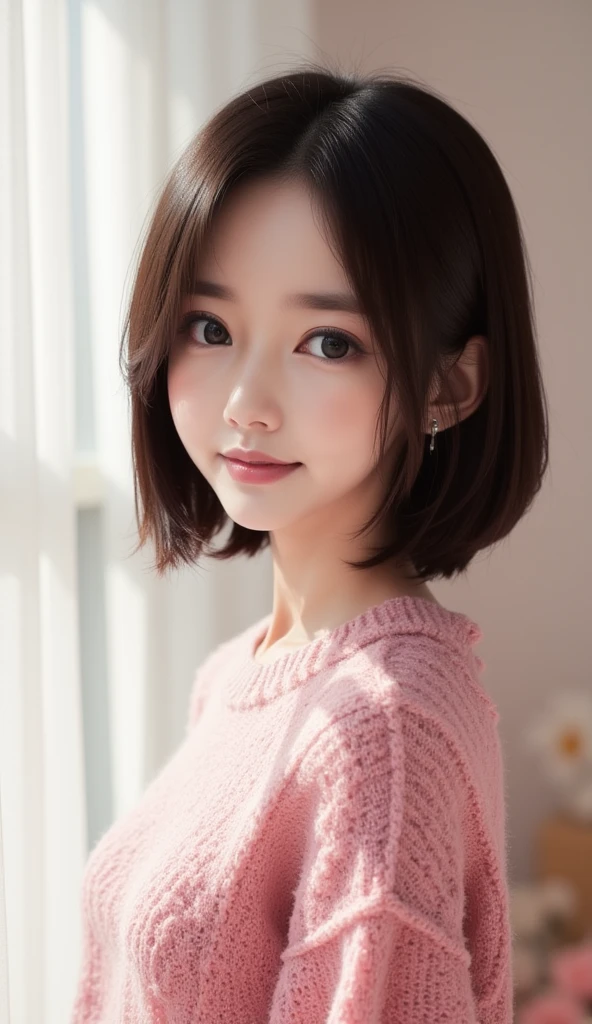  High Quality 　 anime style　One beautiful girl　 white skin　 glossy black hair in a bright room　 medium hair　smile　 pink knit 　 white room in the center 