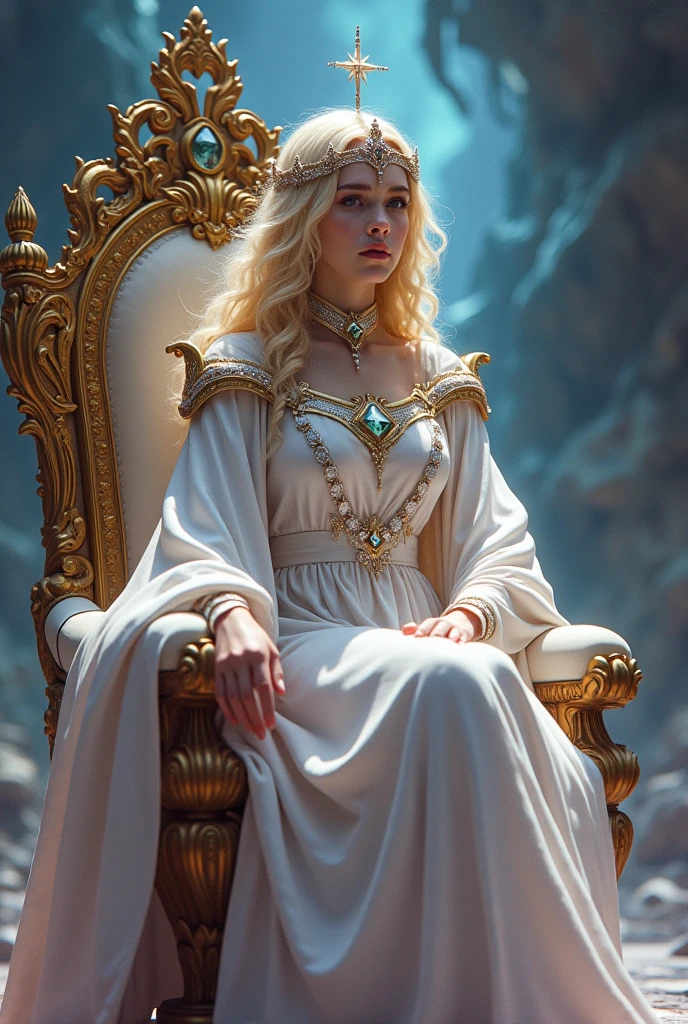 a woman dressed as a sorceress, long white robe. with a setro in her hand, with her crown on her head, perched on a beautiful throne, behind her she has a portal open to another dimension.