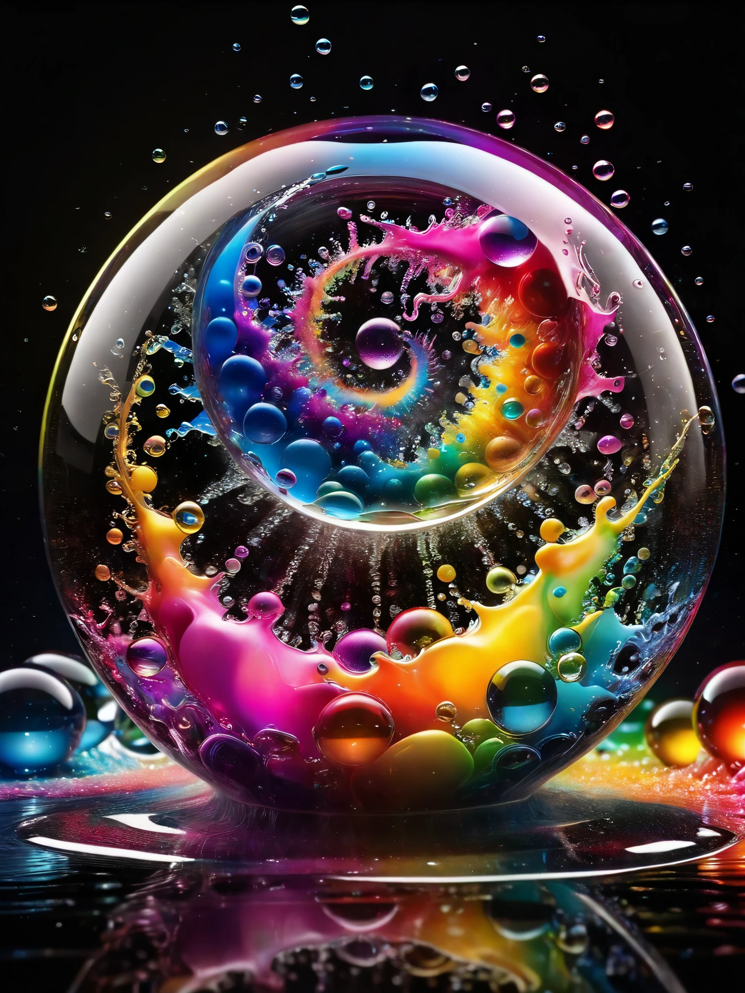 (best quality,4k,8k,highres,masterpiece:1.2),ultra-detailed,(realistic,photorealistic,photo-realistic:1.37),highly detailed psychedelic dream, vibrant shimmering colors, glass-like structures morphing from the colors, intricate rainbow patterns, perfectly formed symmetrical spheres, glowing reflective bubbles, detailed bubbles and spheres, rainbows of color twisted in and out of translucent orbs, spilled paint, spirals of swirling color in the background, beautiful psychedelic digital art, pixel art, neon colors, 4d mandelbulb psychedelics, glass-like psychedelic landscape, intricate rainbow environment, psychedelic underwater brightness, trails of color and light, bright fluorescent colors, psychedelic vibrant colors, bright psychedelic neon colors, colorful paint drips out of the bubbles, 3D glass spheres melting into each other spilling out colors, visually disorienting, hallucination inducing, optical illusions, startling, stunning images, awe-inspiringly, pixel assets, portrait photography, surrealism, photorealistic, hyperdetailed, glass morphism, digital art, sparkle, optical illusion, glowing light, reflection light, overexposure, god rays backlighting, depth of field, rotational symmetry