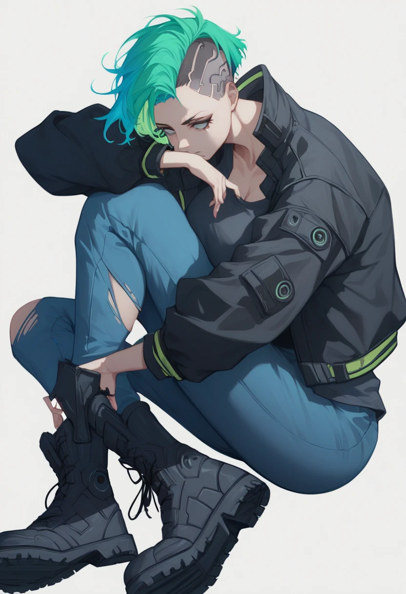 girl, gang member, short hair, light blue hair, two-tone hair, neon green hair, sidecut hairstyle, spiky hair, slanted eyes, big eyes, big breasts, black cyberpunk jacket, torn blue pants, black combat boots, white background