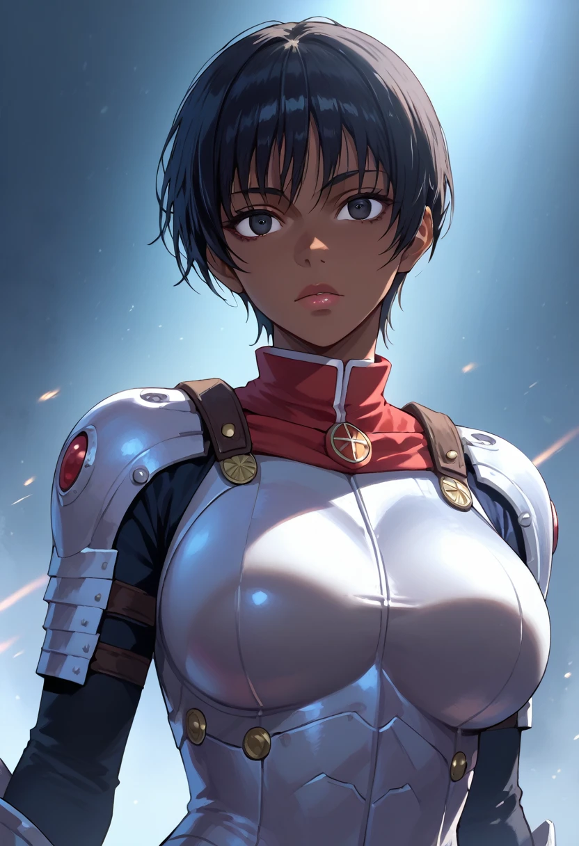 (1girl, Alone, alone), (WakatsukiRisa, casca, black hair, short hair, Black eyes, dark skin, black skin), ((Alone, (1woman, (big breasts) ), extremely detailed , Soft ambient lighting, 4K, perfect eyes, a perfect face, Perfect Lighting, the 1 girl)), ((fitness, , shapely body, athletic body, toned body)) , ((black armor, white swimsuit, black gauntlets, red cape, armor breastplate,, cape, black shoulder pad, dark armor, leg armor, cave, rays of light, cracks of light)), cameltoe