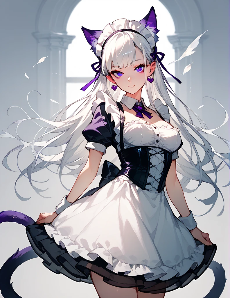 Semi-human , with cat's ears and tail ,  of white color and white hair, Wearing a maid's dress ( doesn't cover her breasts completely,  with transparent black fabric ) with intense purple eyes 