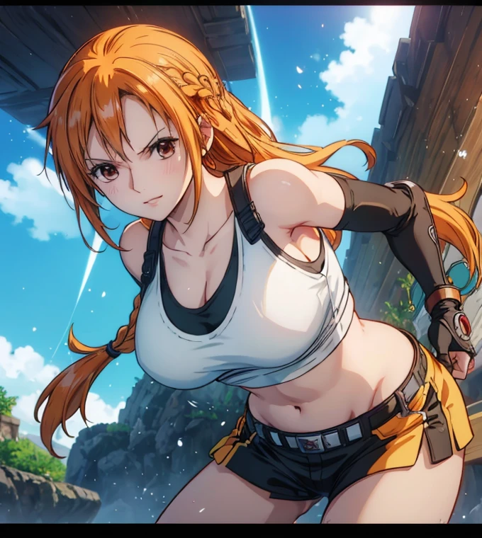 not nsfw (masterpiece, best quality, 4K, 8k,   high definition  , masterpiece:1.2),  super detailed, (Realistic, photoRealistic, photo-Realistic:1.37),    Pale Orange Hair  ,  Nami in One Piece , pale orange hair hidden in thick grass ,( side tail,Braiding), Beautiful Brown Eyes , Nami tattoo on her left shoulder , beautiful lips,Beautiful lipstick,smile, looking at the camera, Big Breasts , Martial Artist,gloves, white tank top, shorts,belly button,Combat with enemies,  Light Motion 1 .5 ,(Straight right),( movement activation light goes back and conveys a sense of speed 1.5,  The activation light for movement is beautiful pale blue 1 .5),( Fantasy worldview ),Perfect body,Perfect means,Perfect body