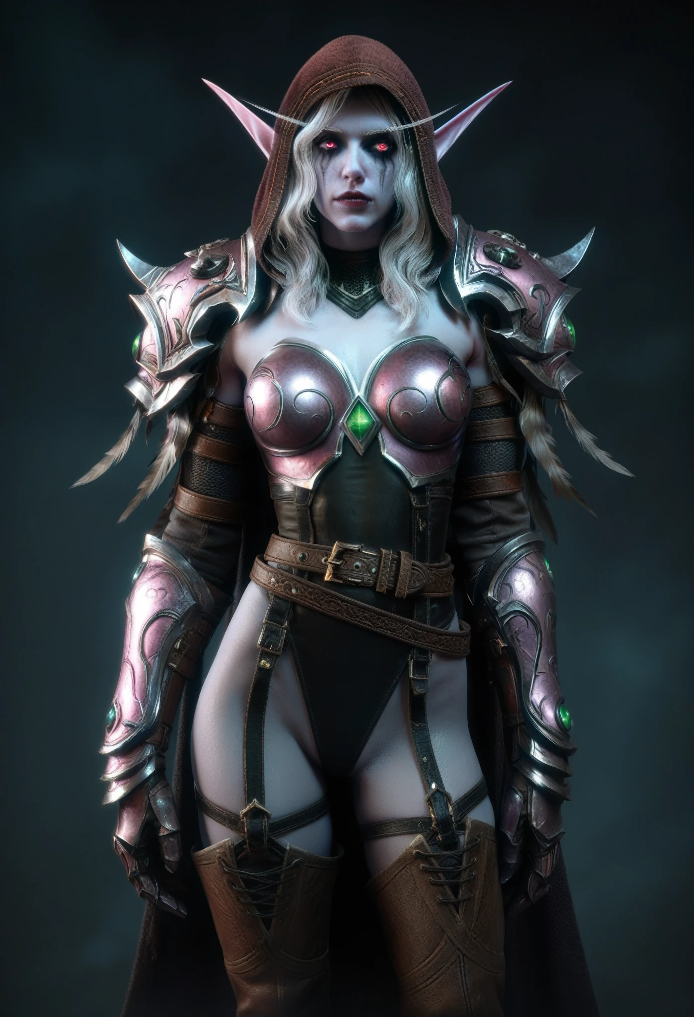 Sylvanas, Elf, Pointy ears, long elf eyebrows, white eyebrows, pale skin, glowing red eyes, leather armored gloves, bracers, shoulder armor, armored fingers, white hair, straps, undead, thigh boots, colored skin, leather belt