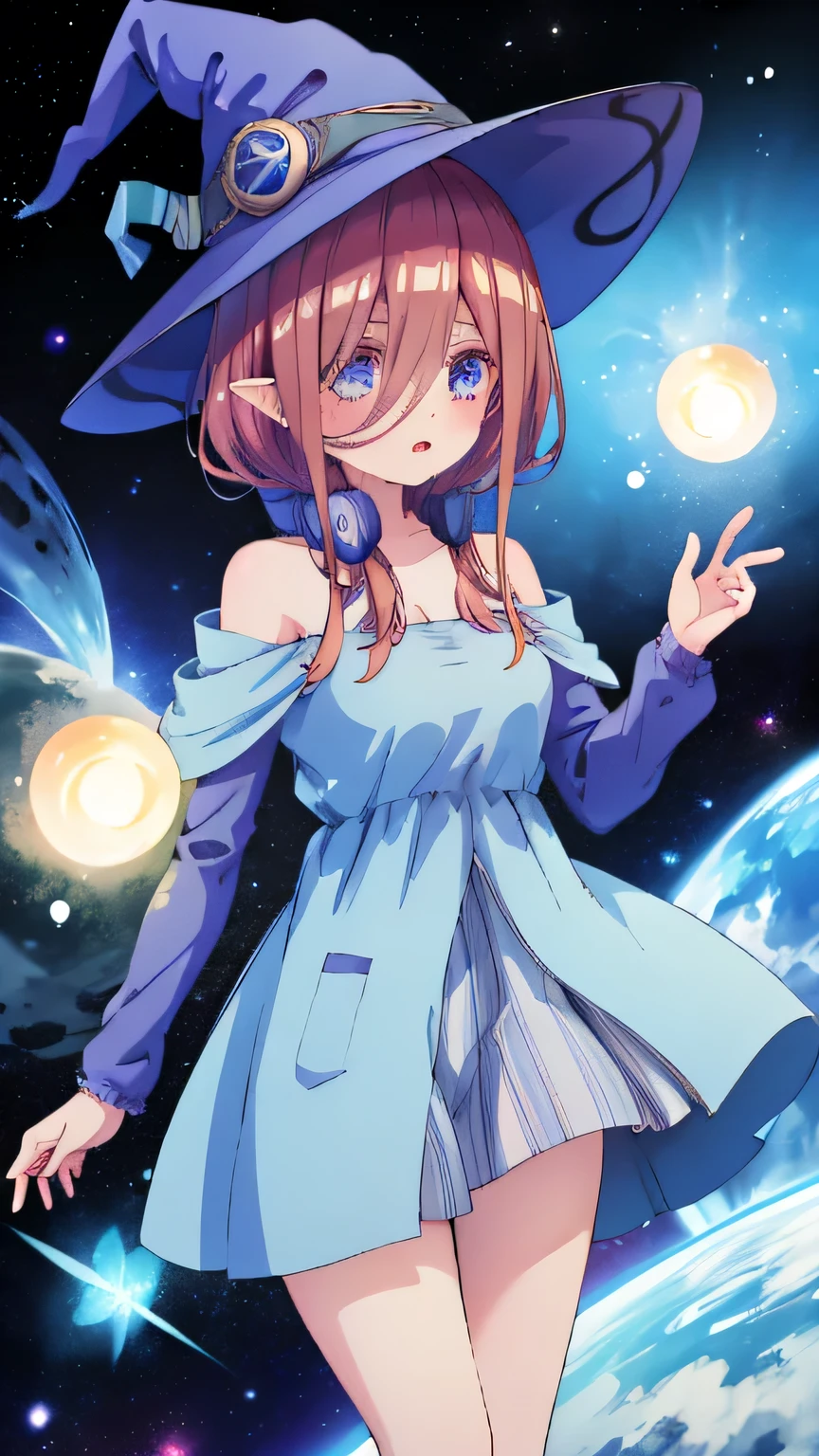  best quality,  high definition ,  1 girl, Elf,  Witch Hat ,   Nebula Floating in Space , Energy sphere, Particles of light,  shiny hair, Shining Star々,  fantasy,