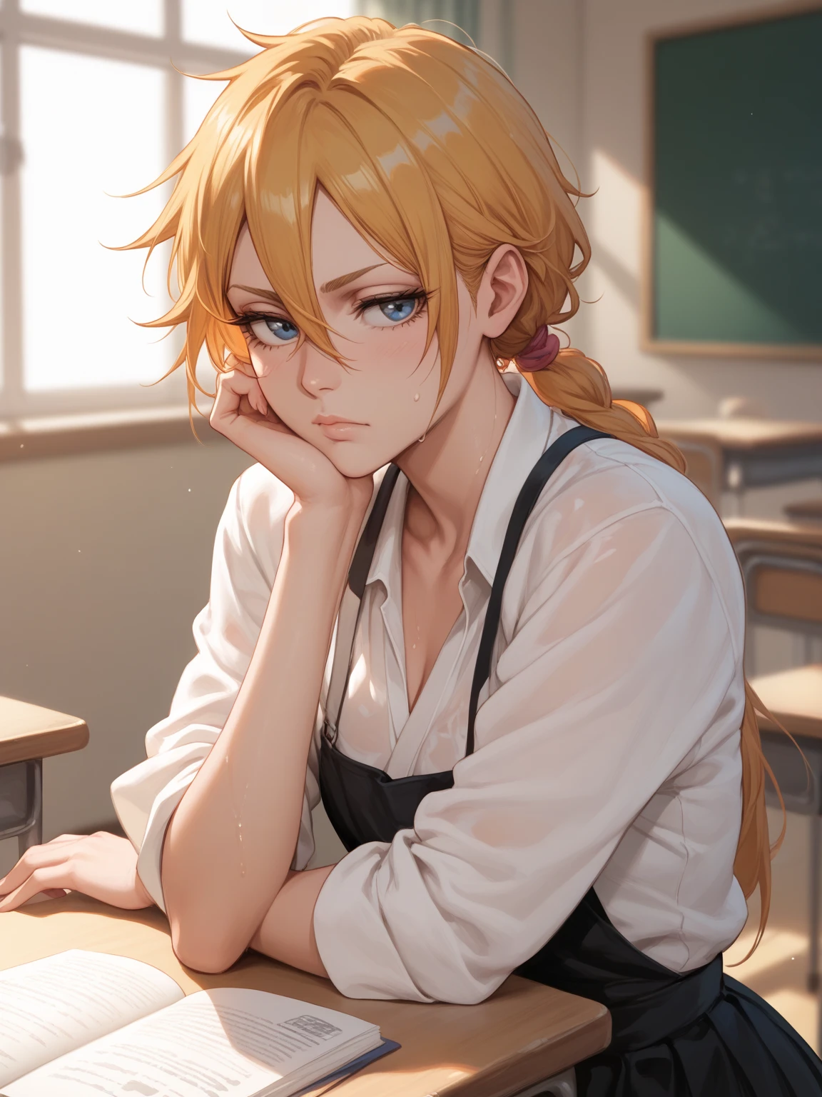 fit view, anime, Zabimaru is nifty girl aged 18, bored posed, sweaty, in the classroom, noon light, (masterpiece, best quality, highly detailed), bleach-series,