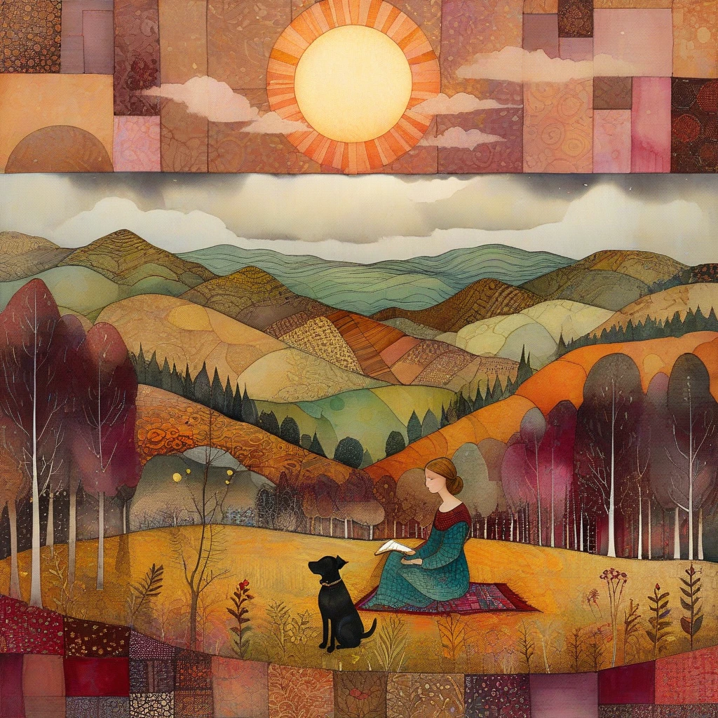 Watercolour and ink patchwork in the style of Jamie Heiden, Walter Crane, Daniel Merriam, Ivan Shiskin, John Atkinson Grimshaw. In a forest clearing in late autumn, a woman is sitting, together with her (brown) Labrador dog, on a large patchwork blanket. Behind her is a wide valley with high snow-capped mountains. Sky with irregular grunge rectangle pattern, sun disc in rectangles of different heights. indian yellow, stark red, various brown tones and shades of earthy colours and burgundy, soft focus sunset sky background, crisp quality, ultra detailed, elegant, fantastical, surreal, watercolor and pen, beautiful high definition fine 3D line art, warm lighting, extremely detailed, intricate, elaborate, HDR, award winning, fantastic view, ethereal, fantasy, unsigned.
