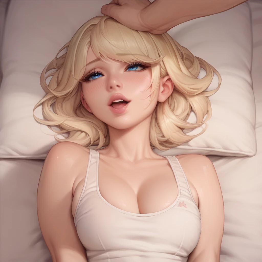 1girl, long light blonde hair, straight bangs, blue eyes, wearing white tank top, breasts out, in her bedroom, faceless man hand on her throat , pleasured face