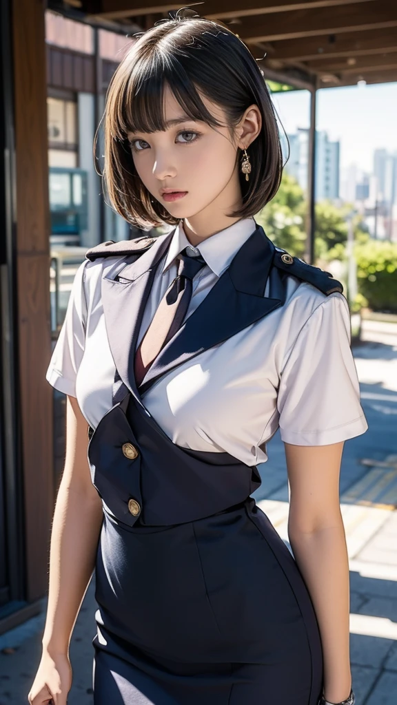 Photorealistic、highest quality、Highest quality、masterpiece、Ultra-high resolution、Raw photo、Realistic、Bright lighting、Face Light、Smooth Professional Lighting、Looking at the camera、alone、Adult women、Beautiful woman、Super Beauty、Realistic肌、Moisturized Skin、Realistic eyes and faces、Perfect model body shape、Beautiful Eyes、Big eyes、Inconspicuous tear bags、slim、Big Breasts、No bra、No makeup、Beautiful fingers、Very short hair、Dark black hair、dark black eyes、looks fun、(Both ears are hidden in the hair)、(((Guard uniform)))、city、guard