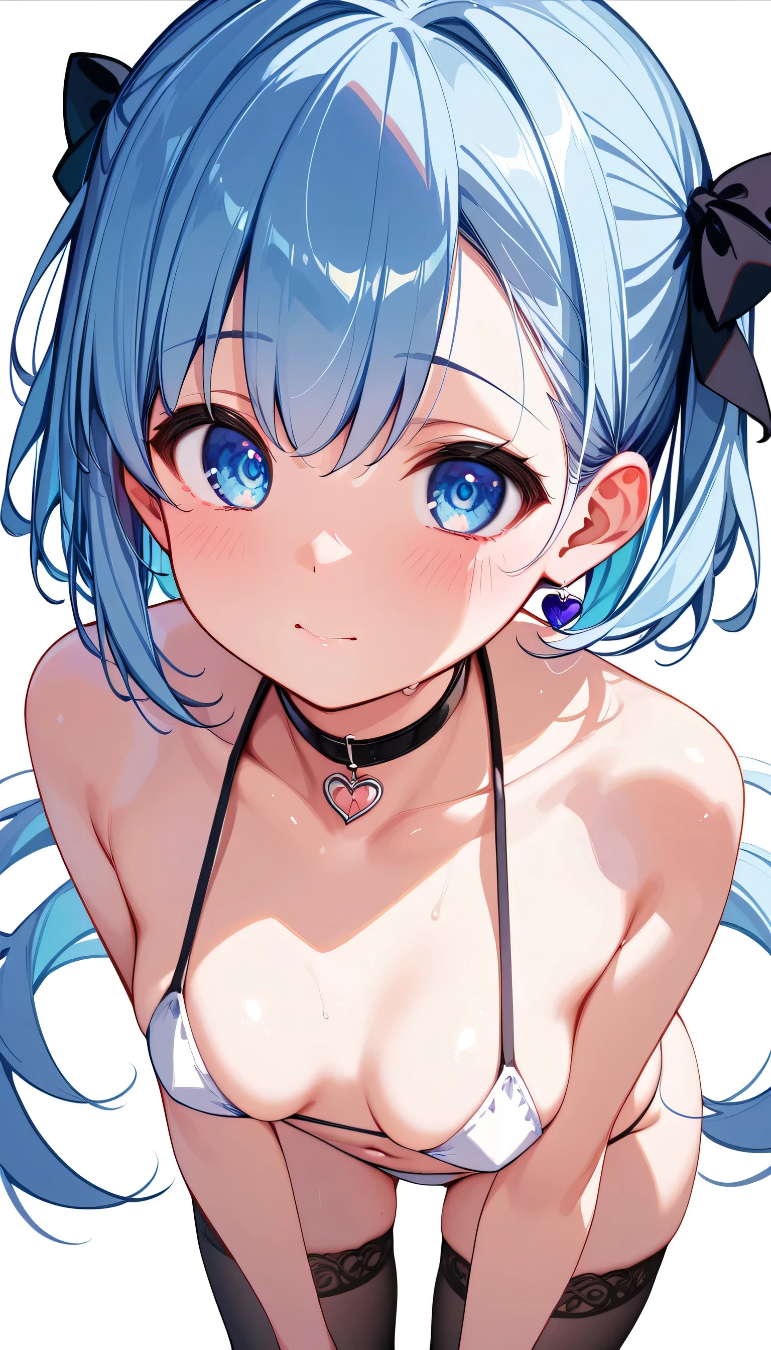 High image quality 、 High Quality 、 one girl who is at ease 、 shy expression 、 Droopy eyes、Light blue hair、 long straight hair 、Light blue eyes、 short、Loli Big Tits、 medium breasts、 cleavage、 face close-up、 shy expression 、 taken from above、 girl looking at the camera 、 white micro bikini 、 stockings、Butt、Thighs、 choker with small black ribbon、 simple background