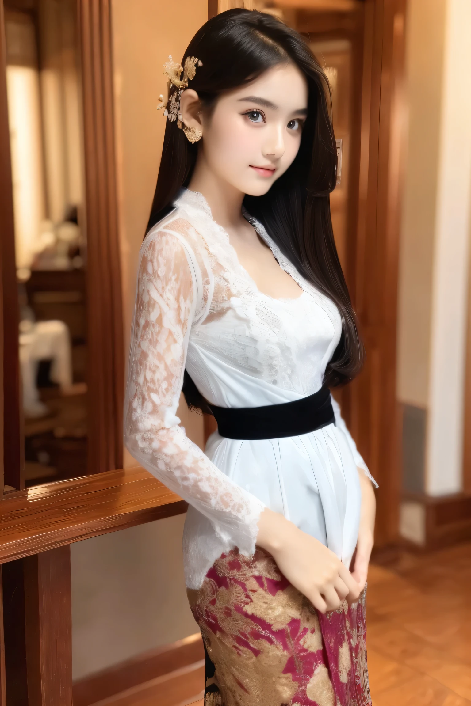 High Resolution, Masterpiece, Accurate, Anatomically Correct, Best Quality, HD, High Details, High Quality, Super Detailed, a girl, teenager, 18 years old, gorgeous, cute, adorable, sharp eyes, long black hair, sexy, white kebaya, perfect Breasts, 