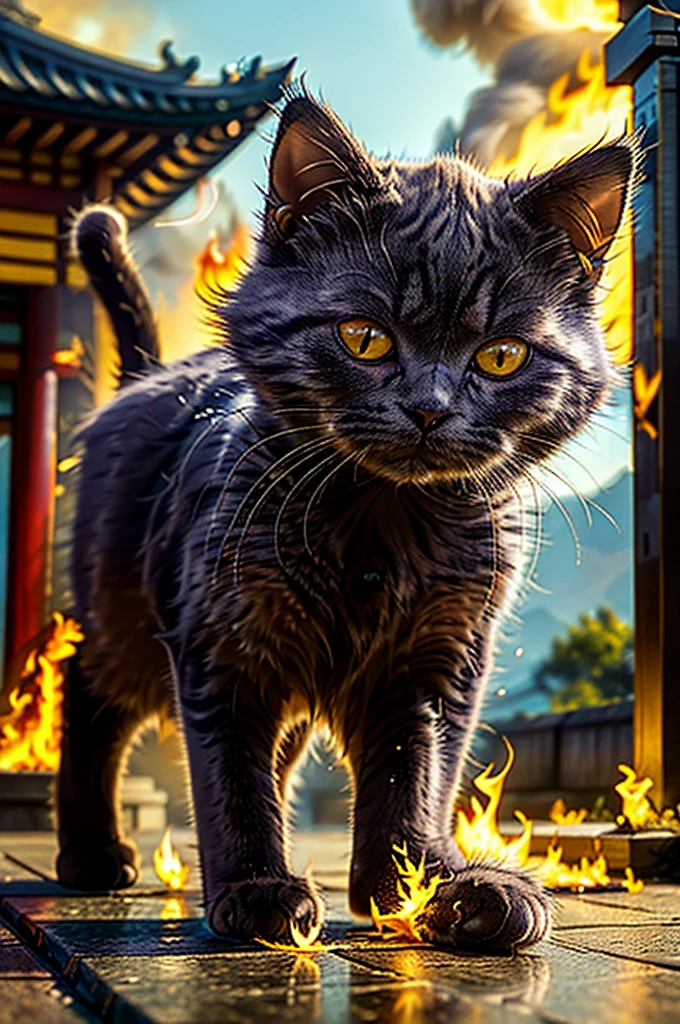  high definition , 8k,  absurd, Realistic, (( close)), (Yuhuo :1.4),  ,Alone, fierce , ( Burning Fur :1.4), glowing , ( Chartreux :1.3),  (cat_human:1.55), (cat:1.4), animal_concentrated, Outdoor, landscape,  East Asian Architecture ,  Light of , particle, Physical particle simulation,  Physically Simulated Wind, Light of ,
