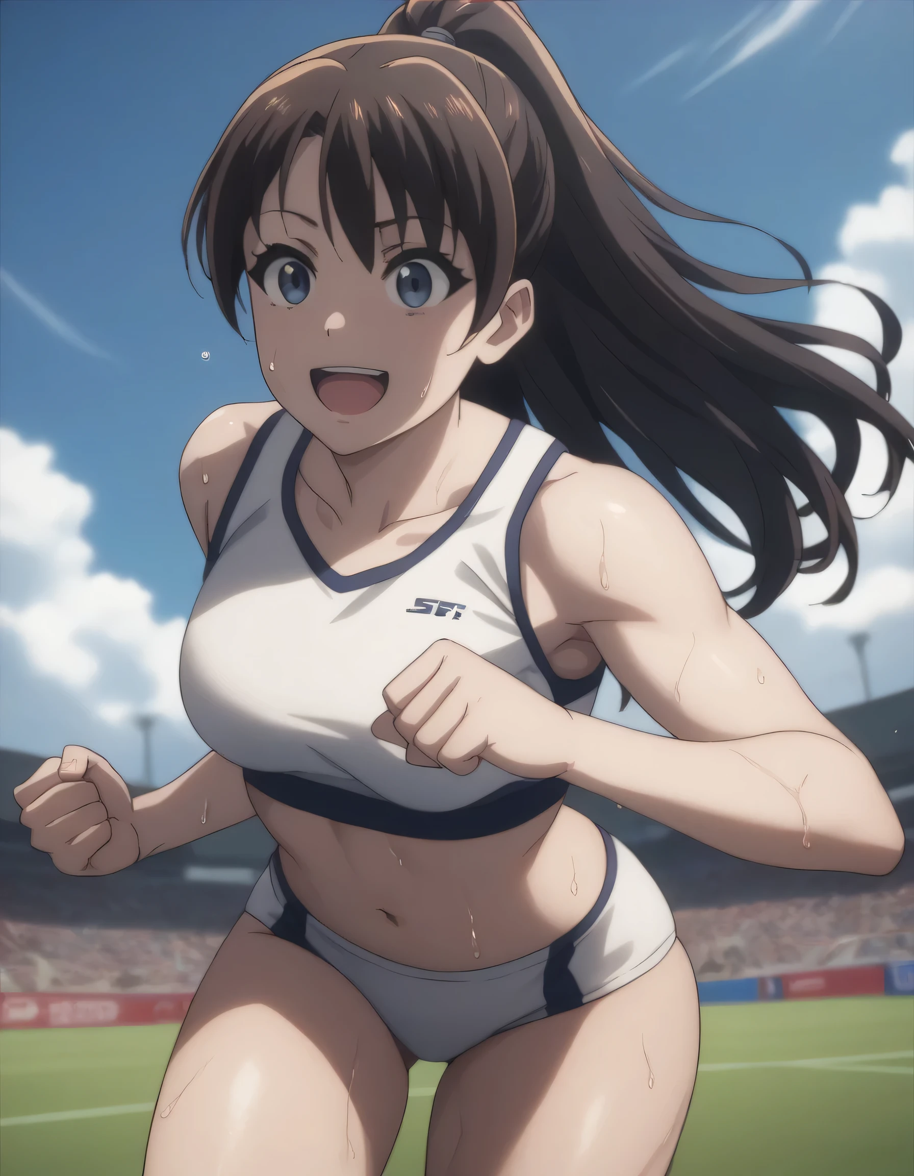 score_9, score_8_up, score_7_up, gsfghtr, ((long straight hair)), white sport bra, white sport panties, 1girl, smile, open mouth, wave hand, hills, sweaty, blue sky, bright, midday afternoon, from bottom