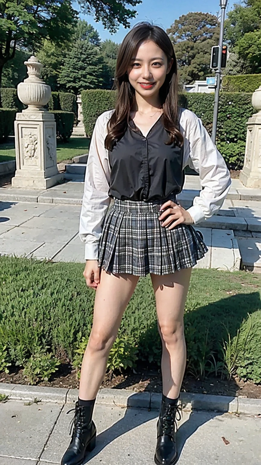 (8k、 RAW Photos from the Last Century 、 best quality、masterpiece:1.2)、(Realistic、Realistic)、1 person、(( shirt、Black Checkered Mini Skirt、 Big Breasts 、 Thin legs、 boots 、 camera 、garden、I'm standing with my hands on my hips、whole body )、cute