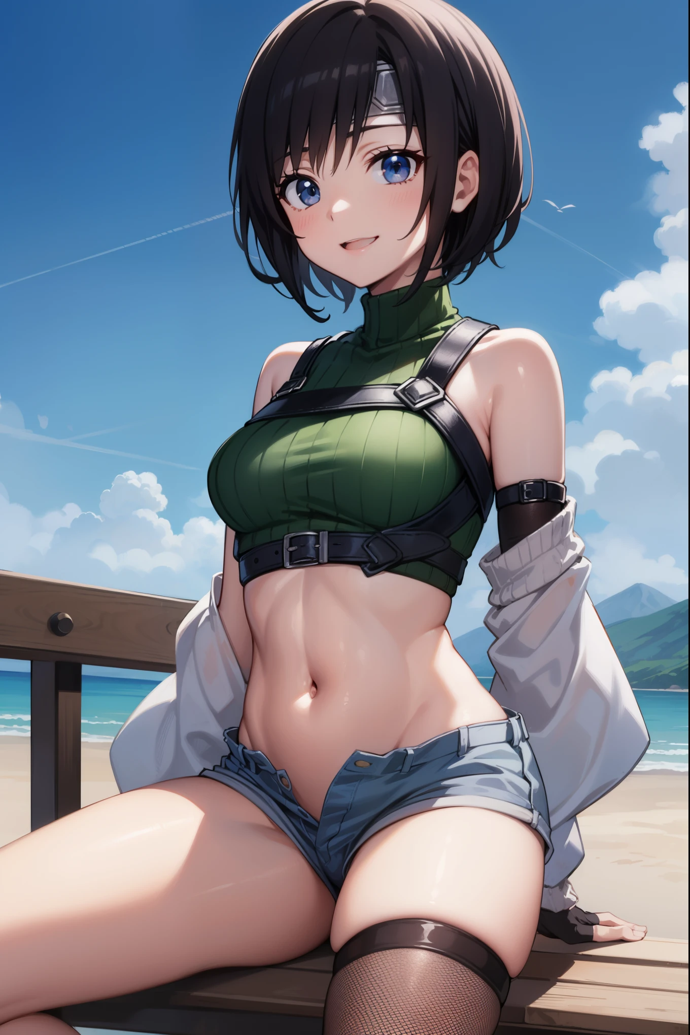 yuffiekisaragi, Yuffie Kisaragi,haircut, Pixie Cut,
壊す crop top, fingerless gloves, Fishnet tights Knee socks, Fishnet tights, Forehead protector, gloves, head band, belly button, short Shorts, Shorts, One Sleeve, Single thigh length, Sleeveless, Sleeveless turtleneck, Knee socks, turtleneck,
bench、blue sky、smile, alone