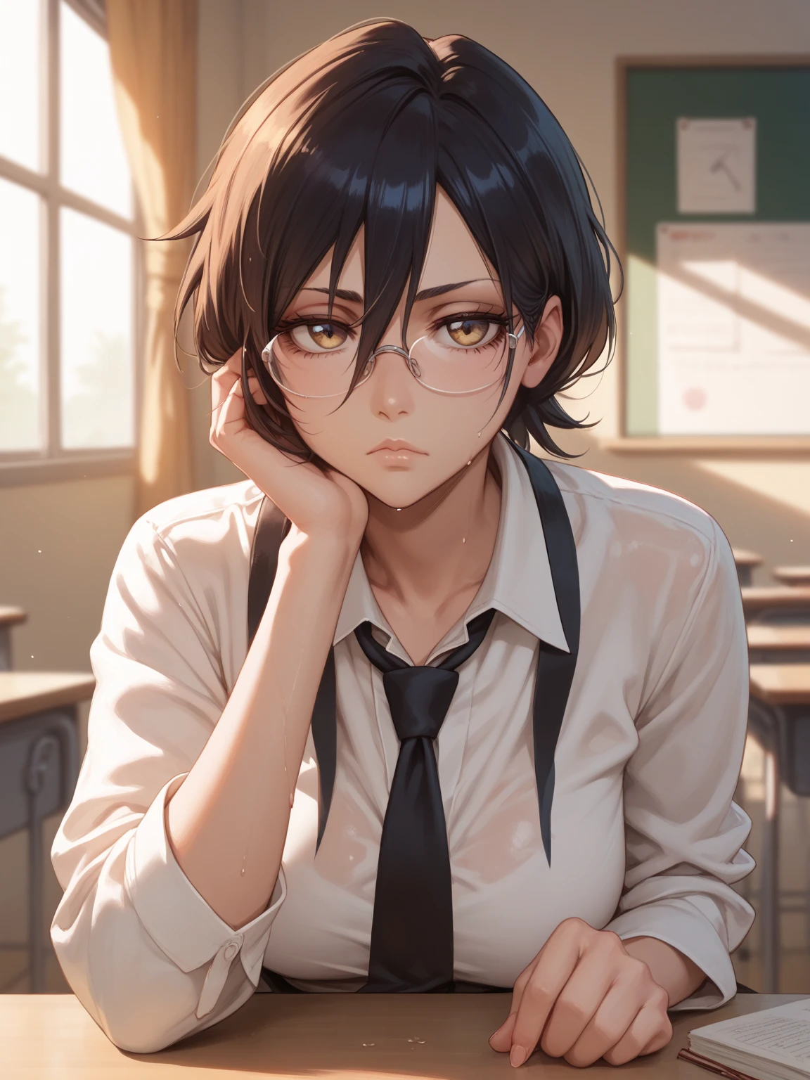 Front view, anime, Zabimaru is nifty girl aged 18, bored posed, glasses, necktie, sweaty, in the classroom, noon light, (masterpiece, best quality, highly detailed), bleach-series,