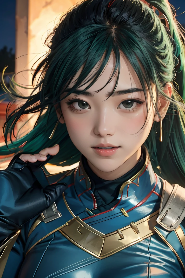 (masterpiece, best quality),  intricate details,
1girl,   lyn_(fire_emblem), 1girl, solo, ((green hair)), long hair, green eyes, high ponytail, blue dress, large breast, jewelry, fingerless gloves. hair ornament, lyn_(fire_emblem),(best quality,highres:1.2), realistic, vibrant colors, detailed face and expression, fierce gaze, powerful stance, , glowing vibranium claws, night scene, strong lighting, superhero, action-packed, dynamic pose, 1 girl, Black panther suit,