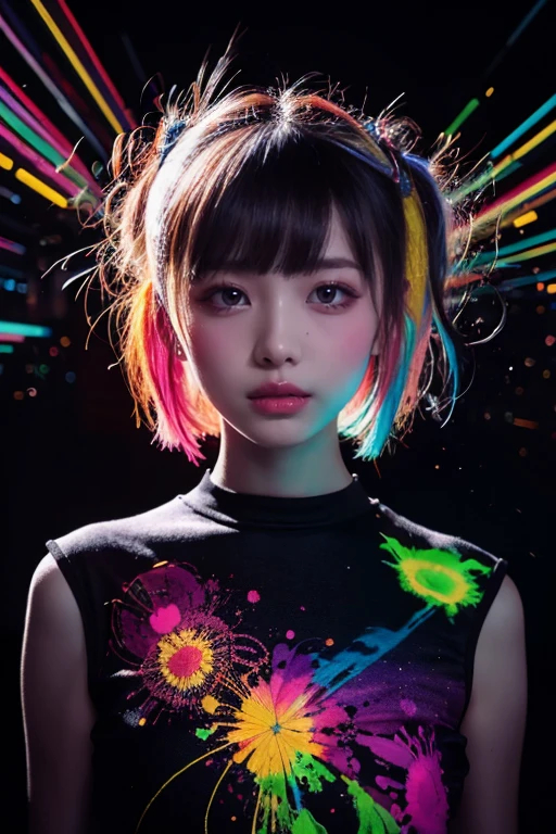 An anime girl, upper body, ambient light, Harajuku fashion, flowers, fusion of fluid abstract art, glitch, fusion of limited color, geometric art style, style of Hannah Yata