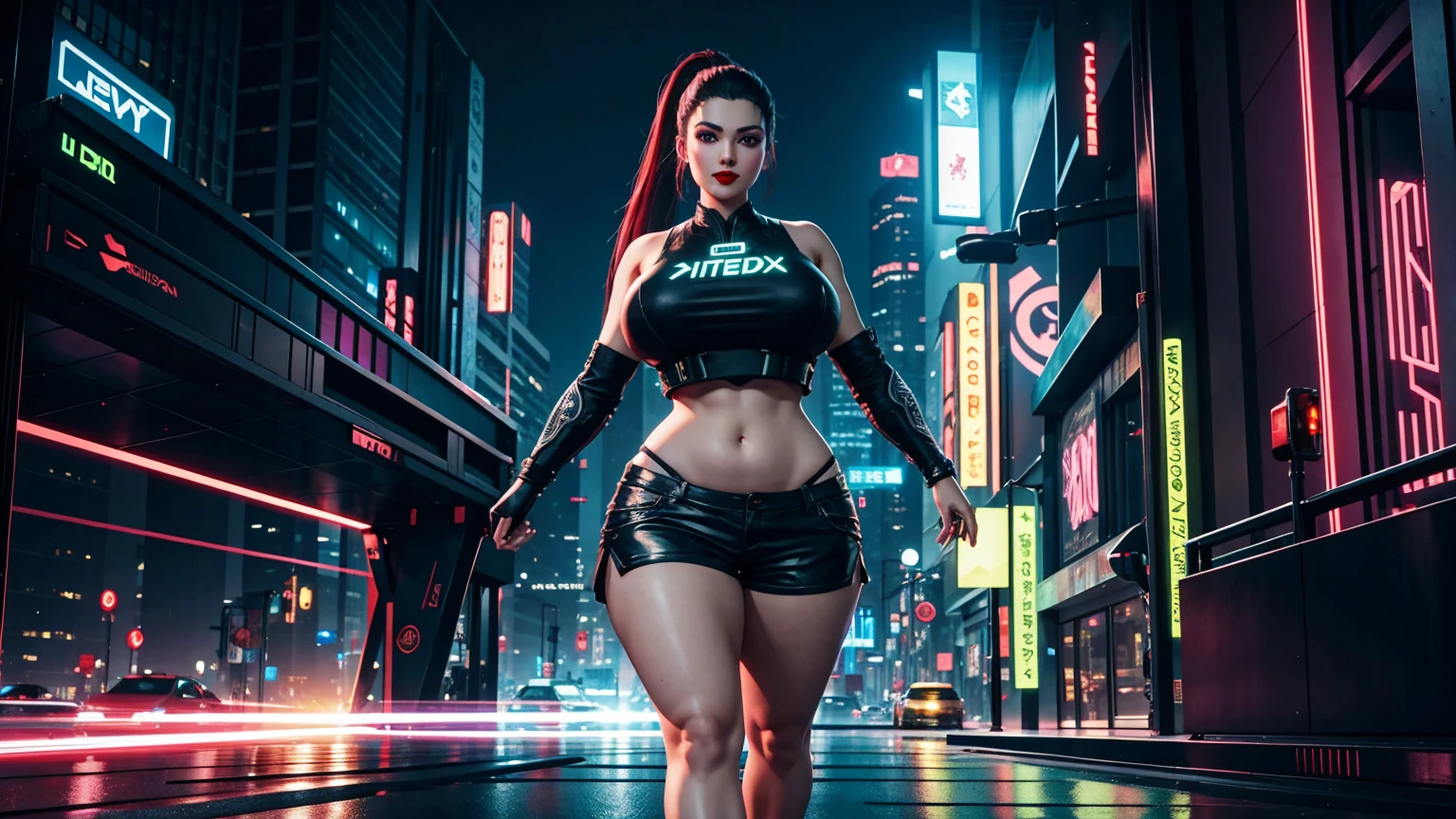 A giant woman in a bikini lying on top of a cyberpunk city, Little guys running around the giant girl, Standing on her hand, cgsociety 9, 2. 5 d cgi fantasy art, engine rendering unreal + a goddess, full body cgsociety, artgerm ; Hyper realistic 3d content, giant art, super detailed 3d matte paintings, super detailed 3d matte paintings, realistic fantasy art, realistic 3 d anime style. Beautiful girl. Big thighs."The boy stood on the top of a high-rise building waving to the girl".People ran away in panic.