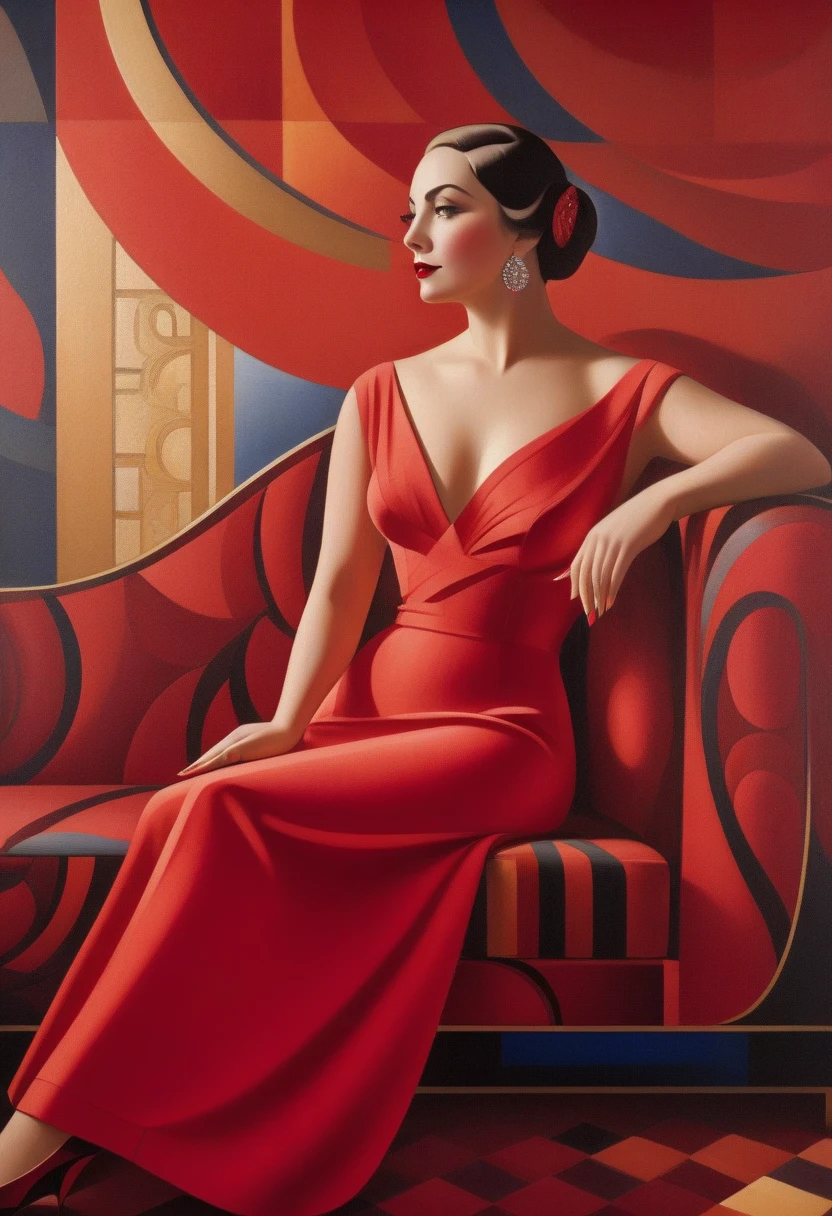 painting of a woman sitting on a red sofa, art deco painting, art deco era), art deco portrait, georgy kurasov, cinematic. art deco, beautiful retro art, intricate art deco patterns, realistic art deco, hyperrealist art nouveau, art nuveau, modern art noveau, art noveau painting, art deco illustration