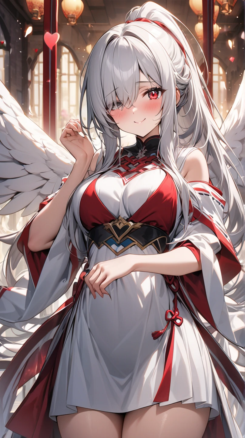 (best quality, high resolution, textured skin, high quality, High Detail,Extremely detailed CG unification),Demon Queen,Scarlet eyes,Dynamic Angle,whole body,Gorgeous pleated dress,Lots of fabric,Transparent lace,Decorations,Transparent multi-layered skirt,Ruffles,Intricately designed clothing is beautiful to wear,Elegant and attractive posture,Demon Wings,Gloves,whole body包裹的衣服,Cowboy shooting,No legs exposed