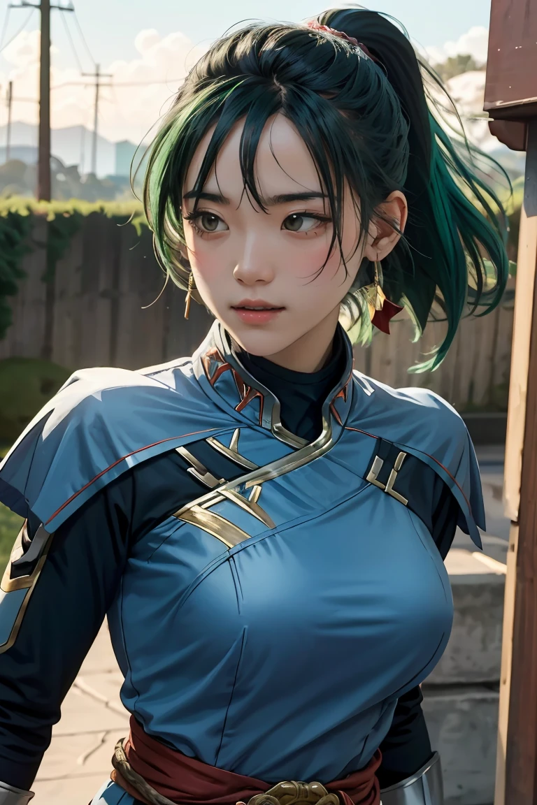 (masterpiece, best quality),  intricate details,
1girl,   lyn_(fire_emblem), 1girl, solo, ((green hair)), long hair, green eyes, high ponytail, blue dress, large breast, jewelry, fingerless gloves. hair ornament, lyn_(fire_emblem),(best quality,highres:1.2), realistic, vibrant colors, detailed face and expression, fierce gaze, powerful stance, , glowing vibranium claws, night scene, strong lighting, superhero, action-packed, dynamic pose, 1 girl, Black panther suit,