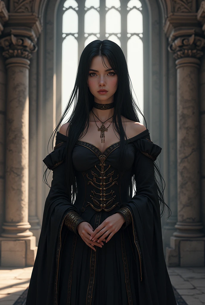 realista, 4k, garota, roupas de bruxa, holding a skull, espartilho, cabelo preto, beleza divina, medieval