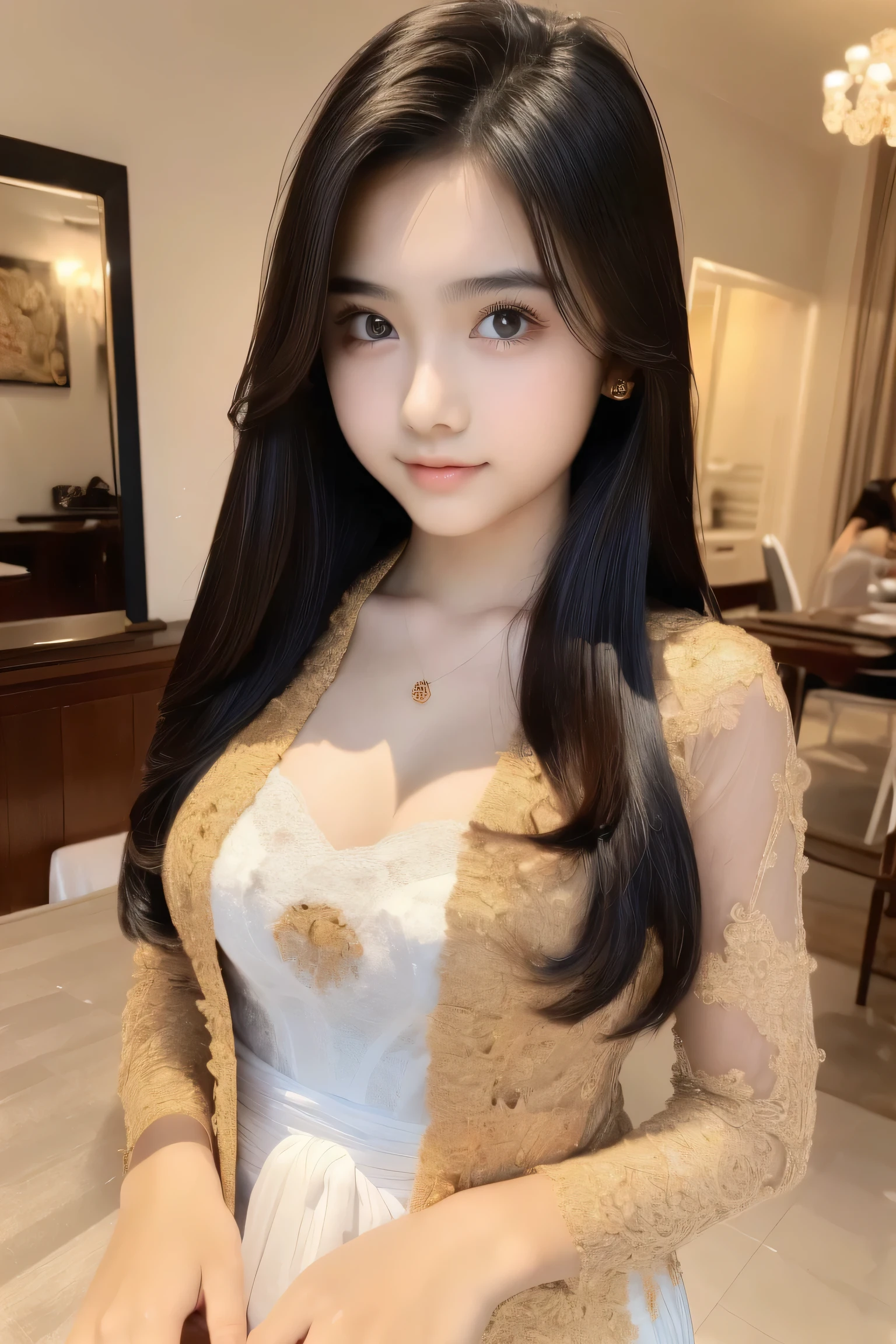 High Resolution, Masterpiece, Accurate, Anatomically Correct, Best Quality, HD, High Details, High Quality, Super Detailed, a girl, teenager, 18 years old, gorgeous, cute, adorable, sharp eyes, long black hair, sexy, white kebaya, Breasts, 