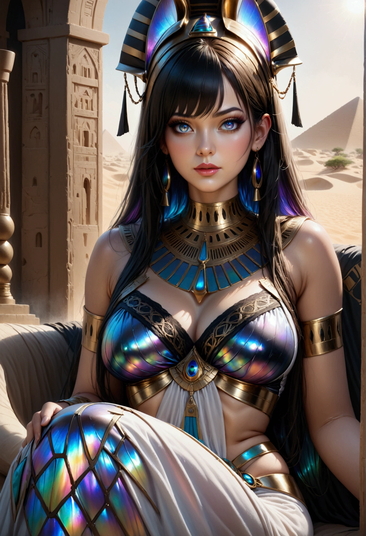 (ultra-detailed:1.5), soft lighting, extremely detailed face, medium boobs see through clothing, expressive eyes, masterpiece, best quality, sparkling eyes, hazel eyes, stunning eyes, flowing hair, holy light, detailed lighting, dynamic angle, portrait, (extreme shading:1.0), egyptian queen, pyramids in background, (ancient (silver) egyptian clothes),  heavy eye makeup, (brown skin:1.5), dark skin, desert landscape, cleopatra, confident, portrait, close-up, zoomed face, ruler, mocking, condescending, looking down on viewer, arms crossed, (exposing nipple), ((exposing areola)), breast curtains, one breast out, clothes_pull, cleavage, breast grab, breast lift,
