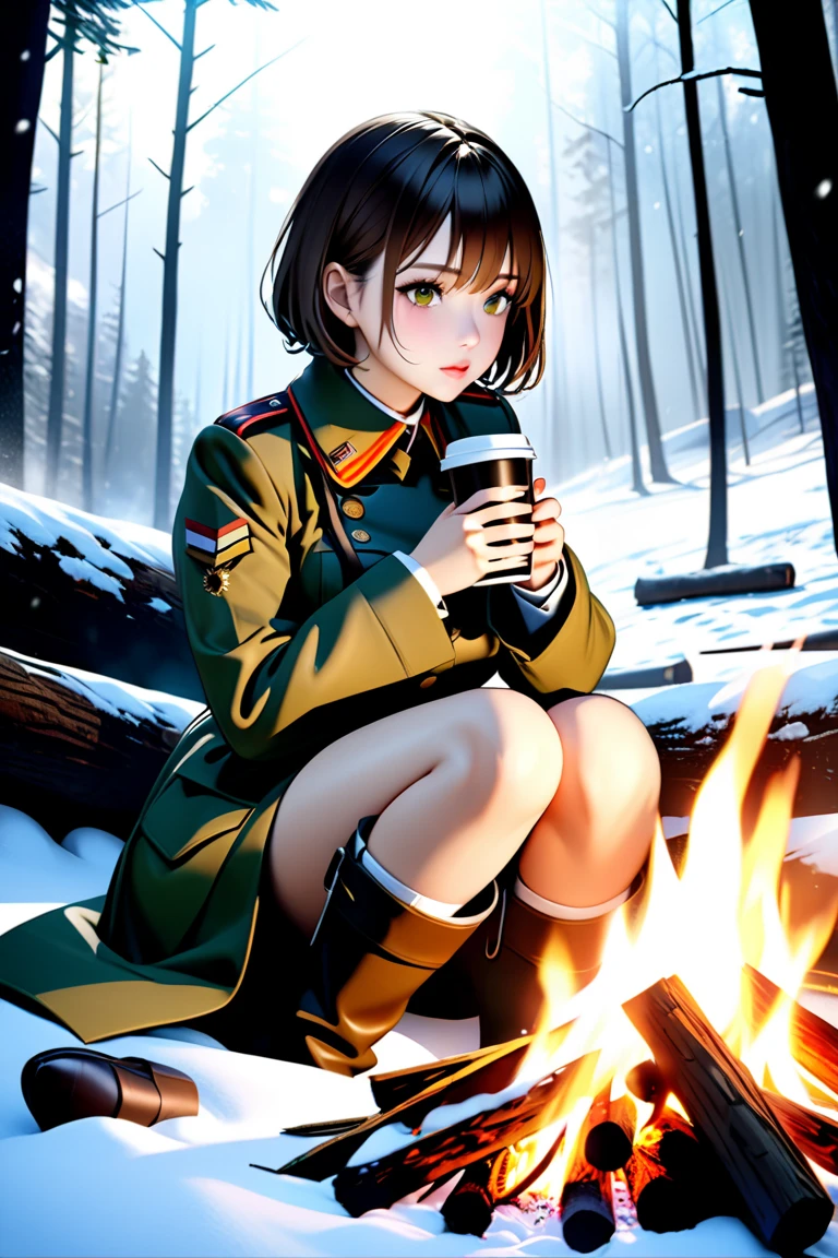 a 1girl, military uniform, short stature, Short Hair Hair, square, brown hair, field, tent, A jar in hand, body piercings, tattoo, sports body, blue eyes, Sad look, winter, sitting in the snow, High boots, canned snow with votknutым нажом.