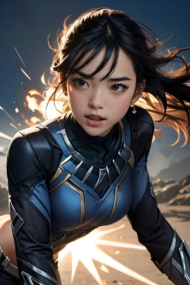 ,(best quality,highres:1.2), realistic, vibrant colors, detailed face and expression, fierce gaze, powerful stance, , glowing vibranium claws, night scene, strong lighting, superhero, action-packed, dynamic pose, 1 girl, Black panther suit,