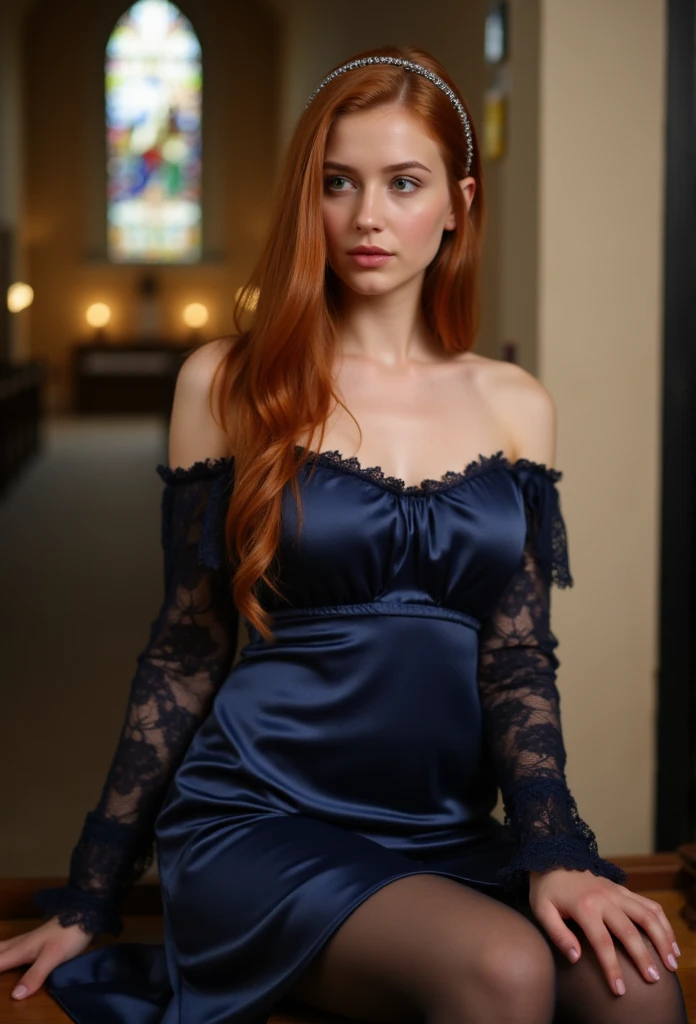 Sally-Anne, A Photograph with pastel hues caresses a figure, embodying tranquillity and freedom, mysterious, model body, in her home, beautiful, long (red:1.8) hair with bangs, intense blue eyes, super detailed, photorealistic, photo, in Paris hotel in wearing silk black dress, no art