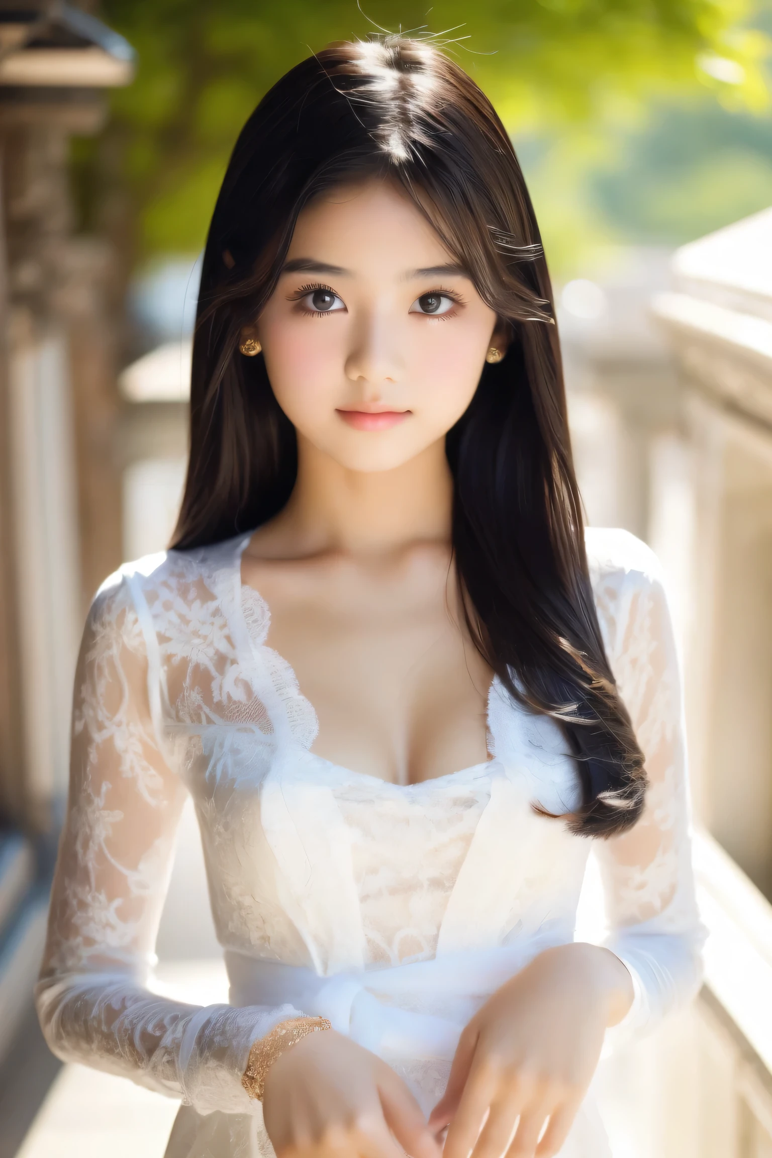 High Resolution, Masterpiece, Accurate, Anatomically Correct, Best Quality, HD, High Details, High Quality, Super Detailed, a girl, teenager, 18 years old, gorgeous, cute, adorable, sharp eyes, long black hair, sexy, white kebaya, Breasts, 