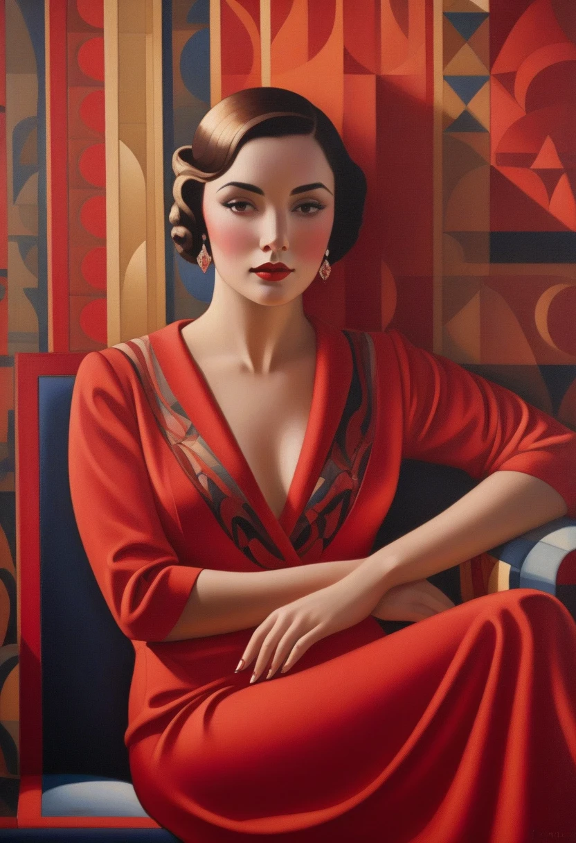 painting of a woman sitting on a red sofa, art deco painting, art deco era), art deco portrait, georgy kurasov, cinematic. art deco, beautiful retro art, intricate art deco patterns, realistic art deco, hyperrealist art nouveau, art nuveau, modern art noveau, art noveau painting, art deco illustration