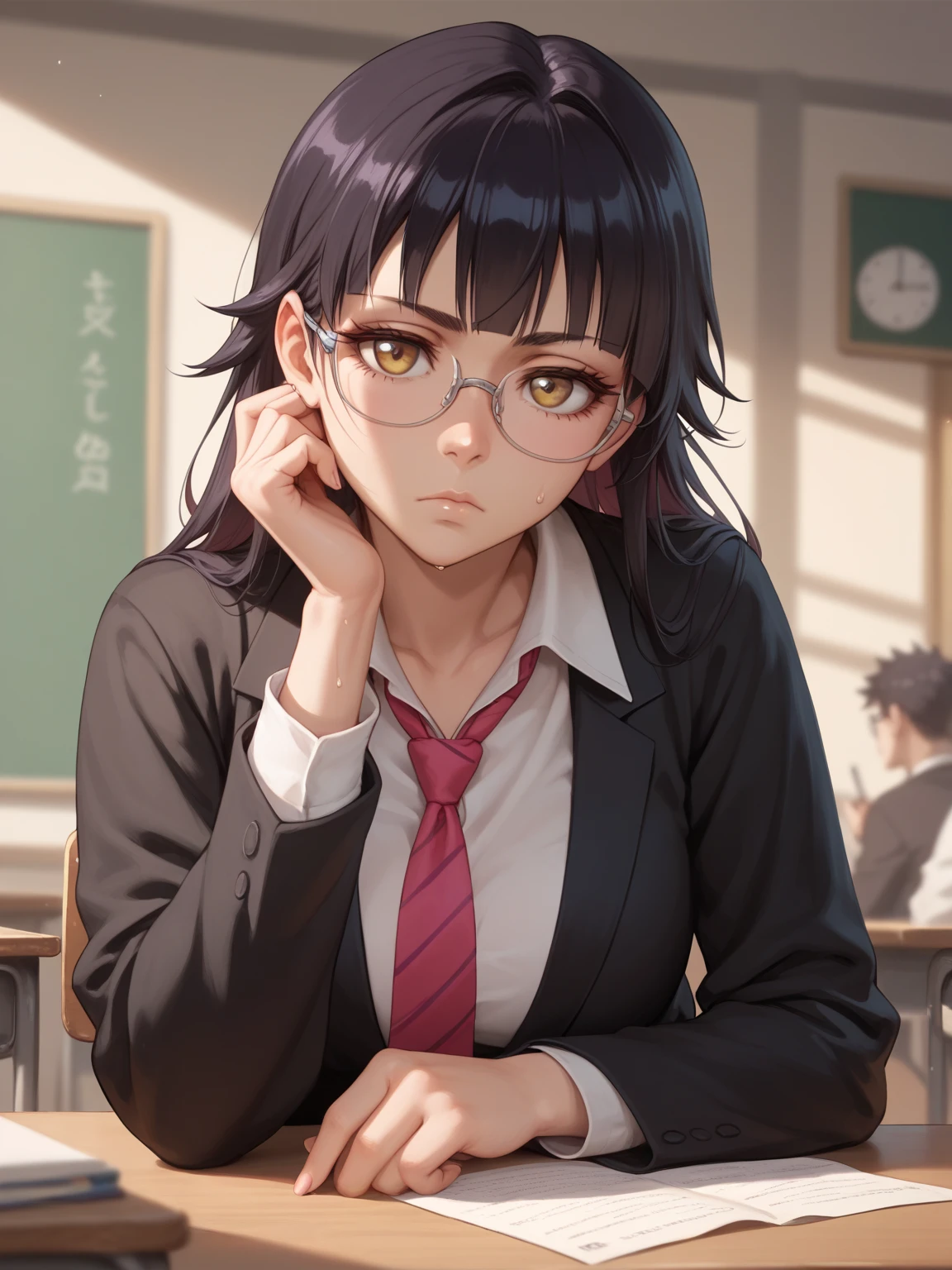 Front view, anime, Ikumi Inagiya is nifty girl aged 18, bored posed, glasses, necktie, sweaty, in the classroom, noon light, (masterpiece, best quality, highly detailed), bleach-series,