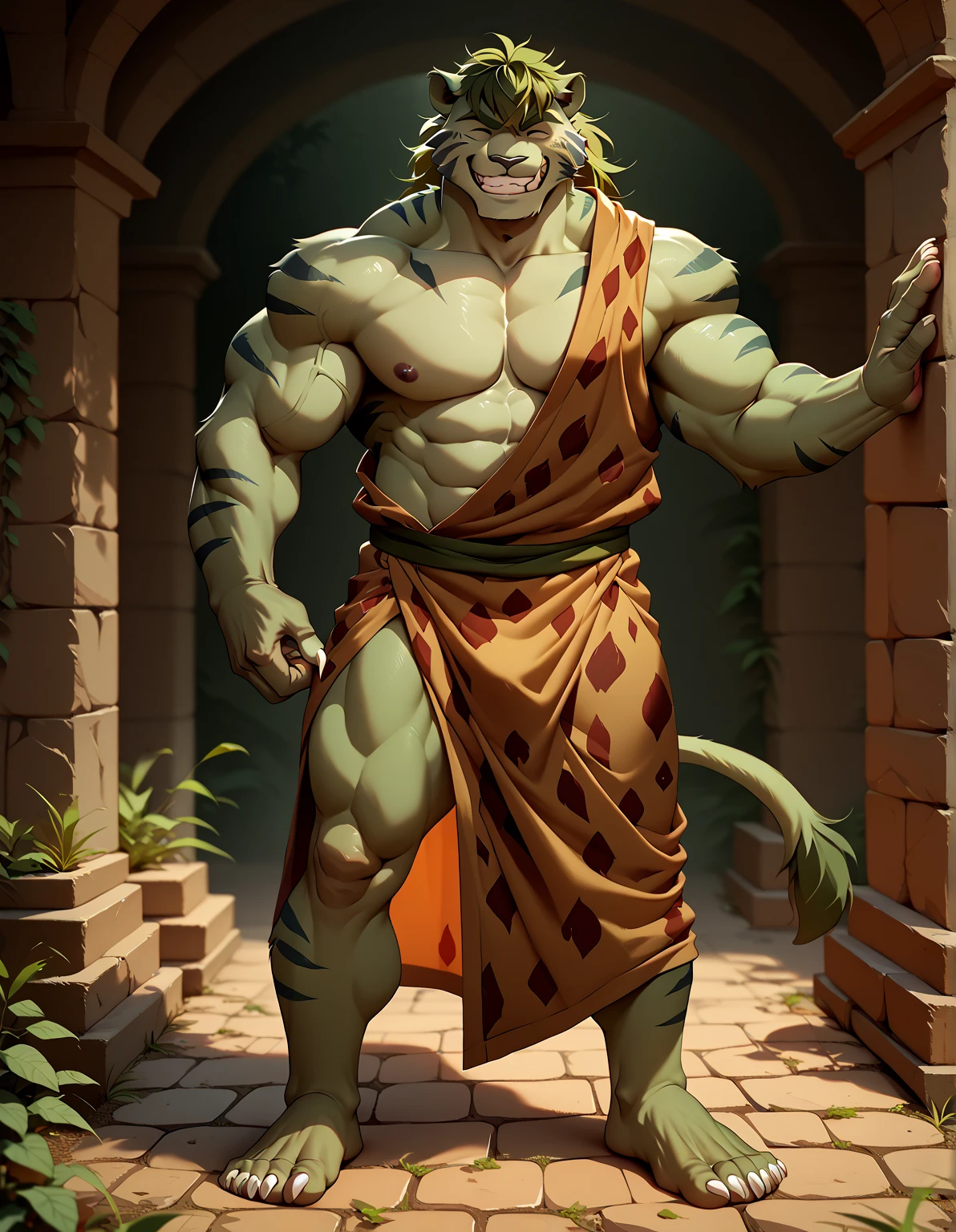 Byakko is standing。Tiger Beastman。male。pale green fur 。Dark green hair。Wild look wearing leopard-patterned cloth as a primitive human robe。 Muscular Body 。Muscular and thick limbs 。Strong body。Thick chest。barefoot。Exhilarating smile 。