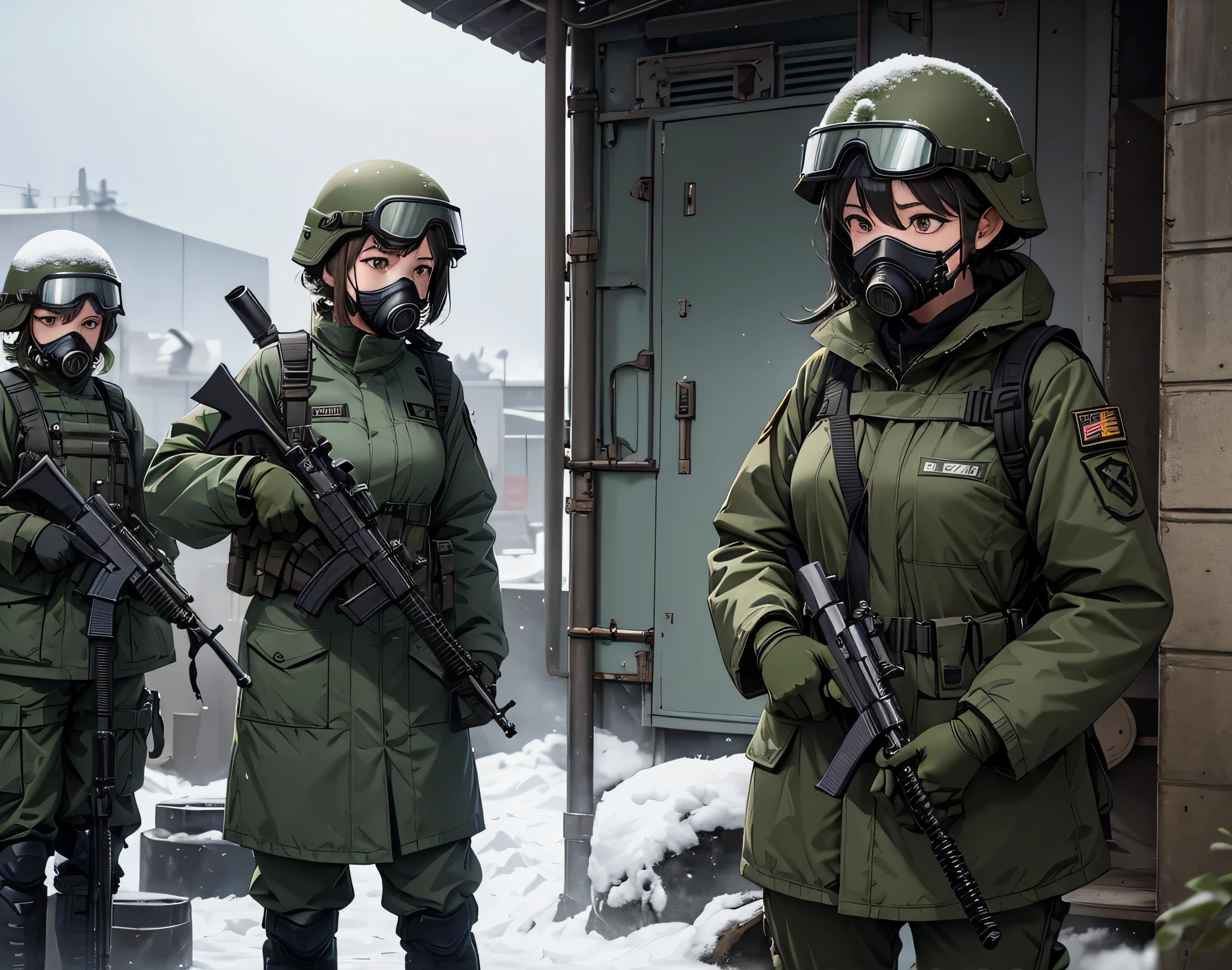 A group of female soldiers standing guard、Wearing dark green M-51 hooded military uniform、Hooded on head、Gas Mask、Gloves、Knee pads、Write details、masterpiece、best quality、Highly detailed CG、8K picture quality